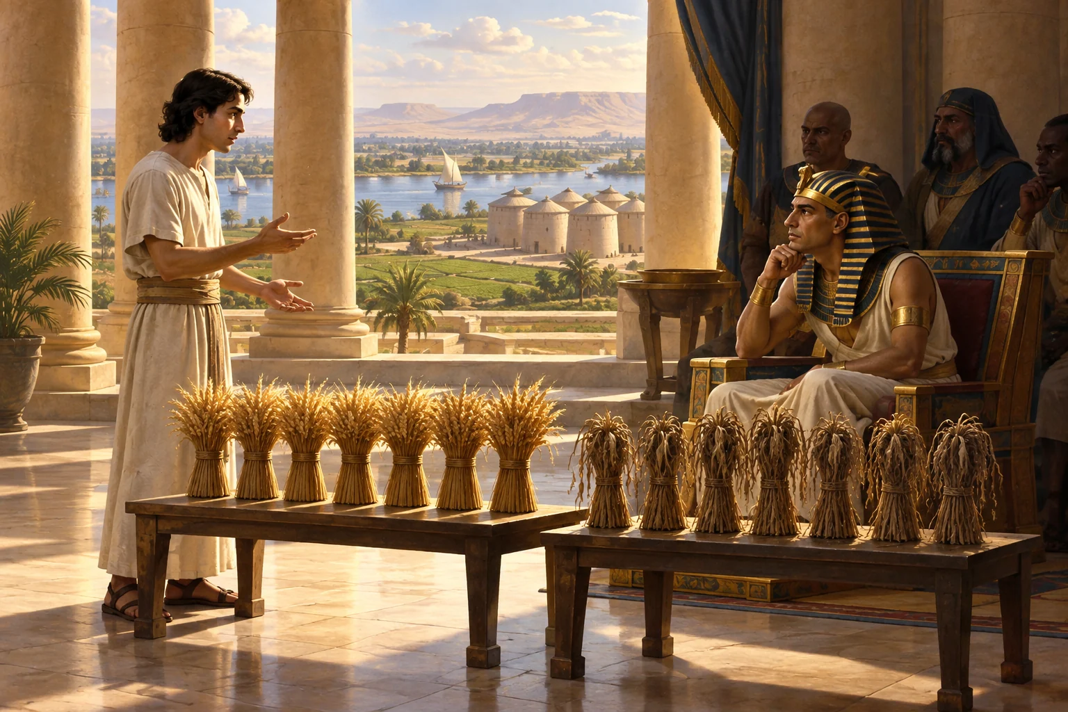 Joseph explains the coming abundance and famine to Pharaoh beside healthy and withered grain sheaves.