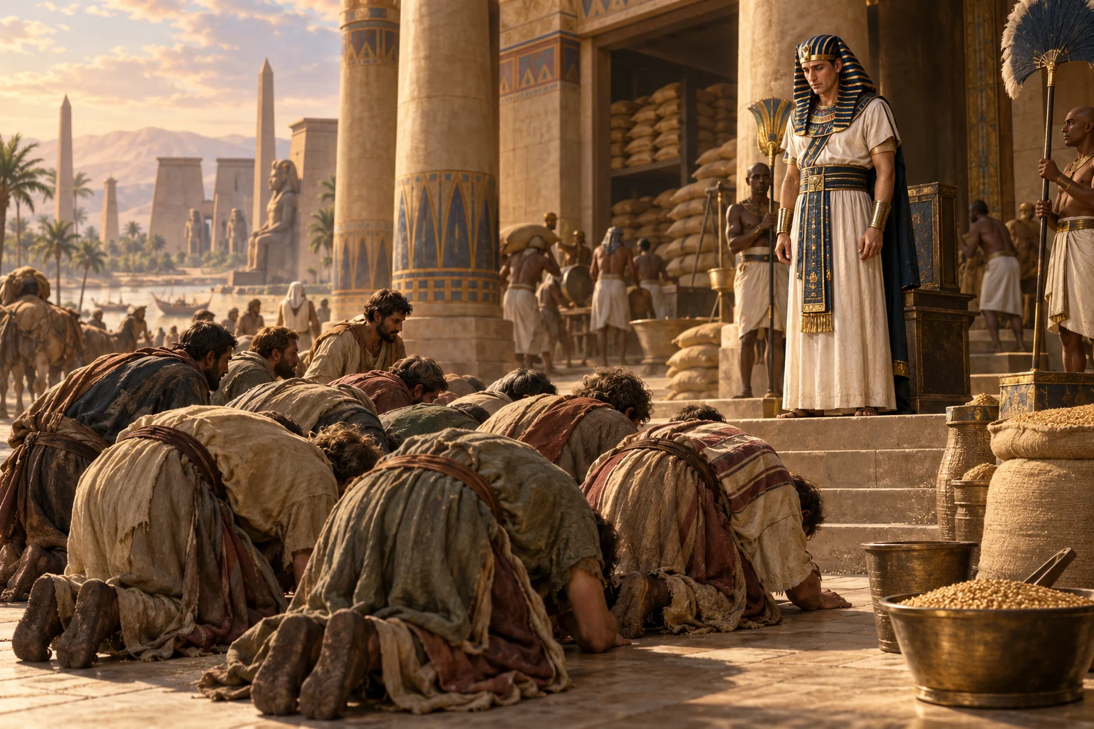Ten brothers bow before Joseph at an Egyptian grain storehouse during famine.