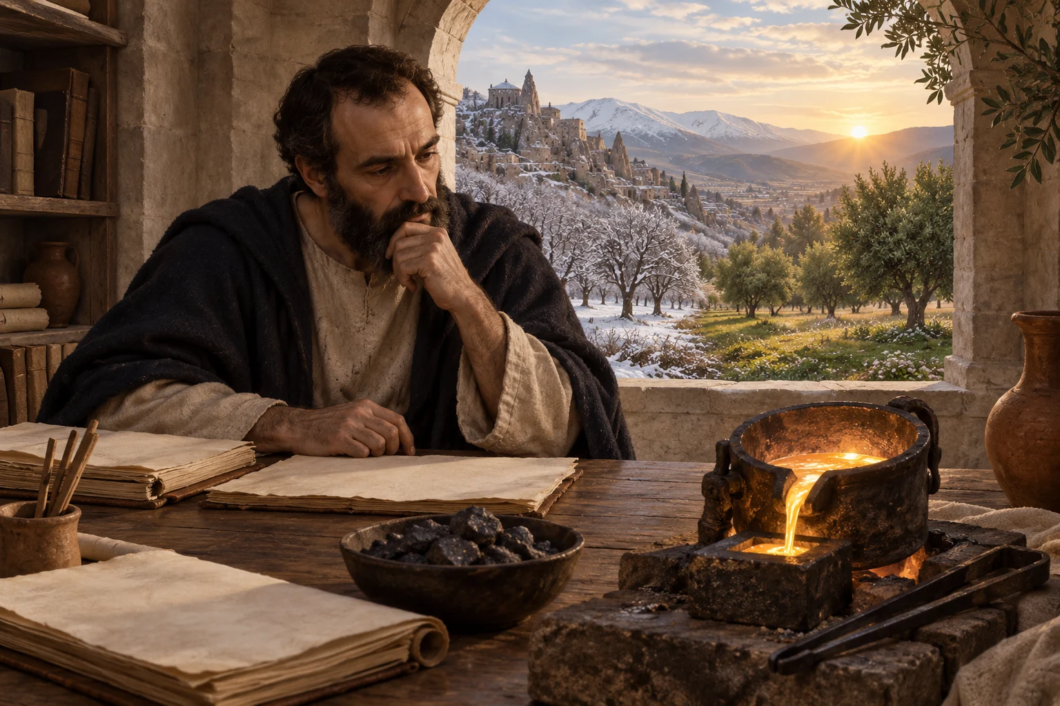 Gregory of Nyssa studies beside a crucible as a Cappadocian landscape transitions from winter to a flourishing olive grove.