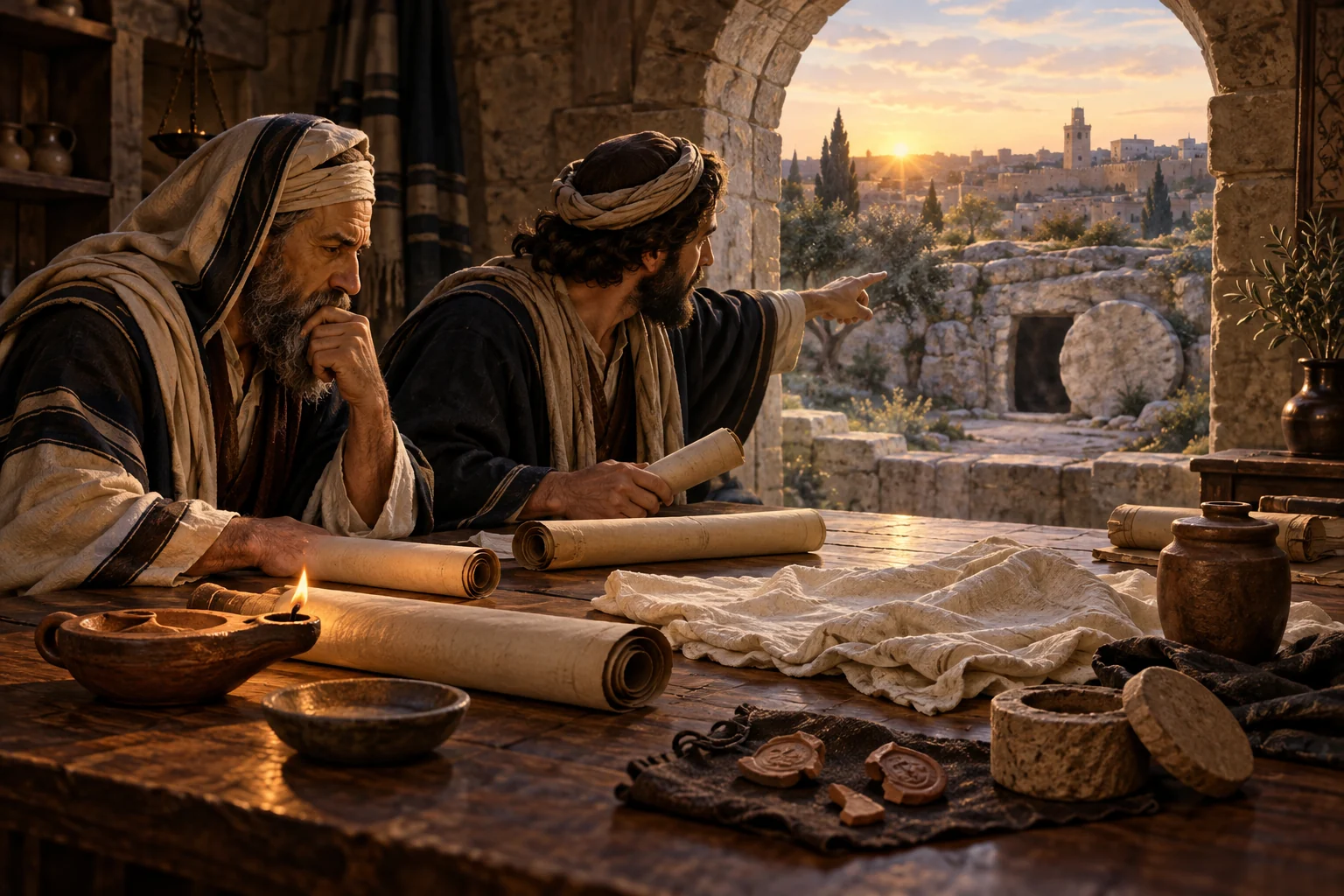 Two Jewish scholars compare blank scrolls and burial evidence while pointing toward a stone-cut tomb outside first-century Jerusalem.