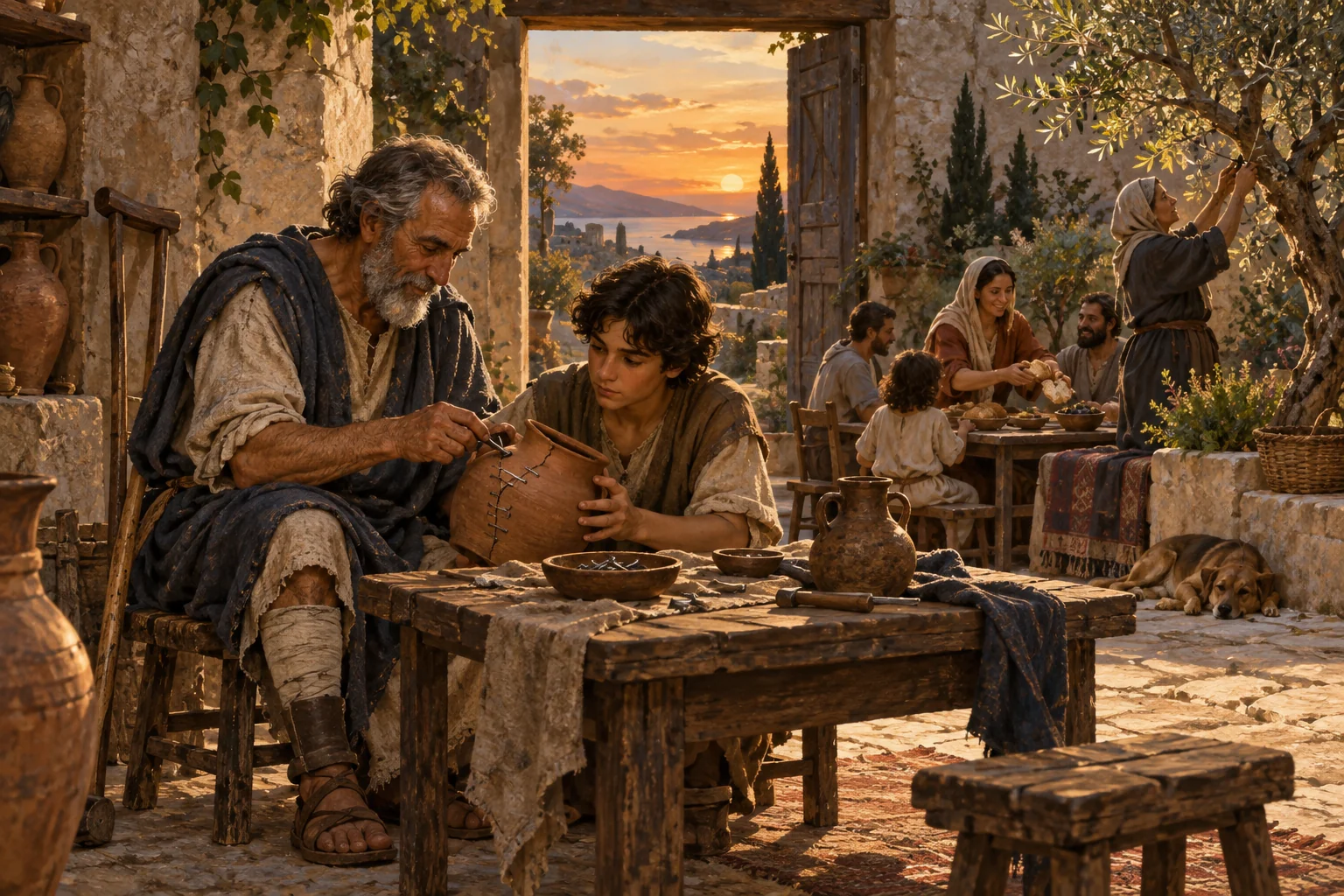 An older man with a crutch teaches a younger person to mend a clay vessel as family gathers nearby.
