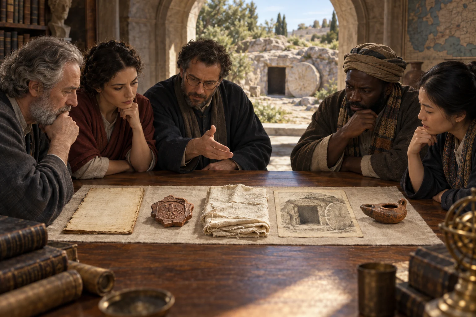 Scholars examine ancient evidentiary objects around a walnut table while an open rock tomb appears beyond an arch.