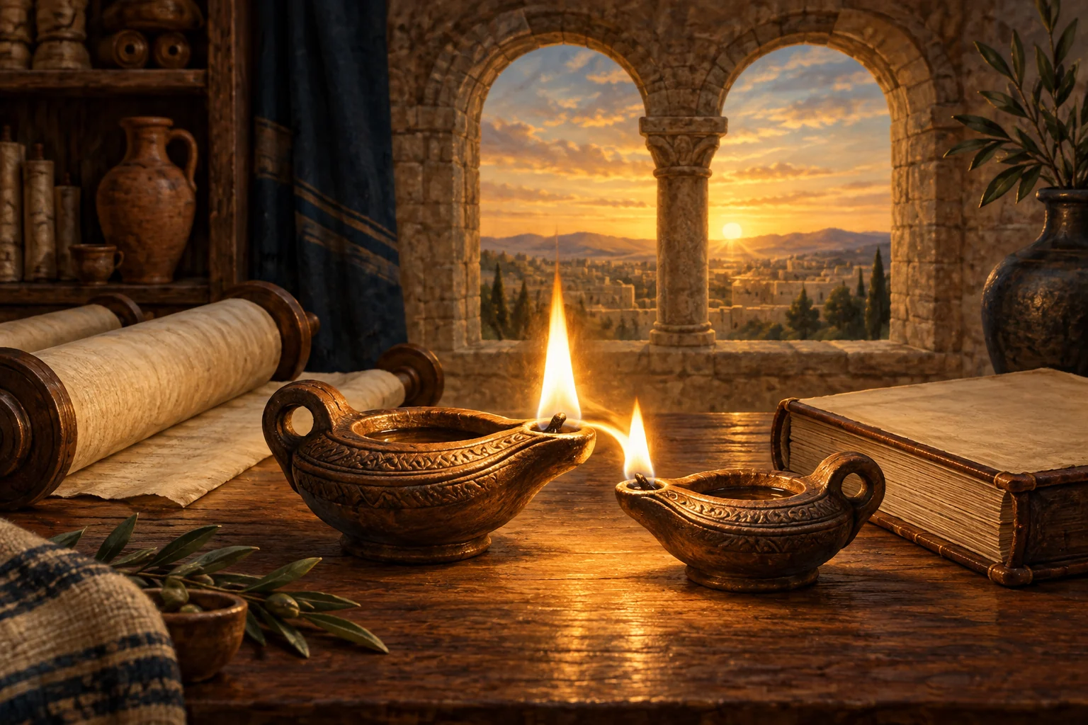 One undiminished lamp flame kindles a second matching lamp over a blank scroll and codex in a Jewish study.