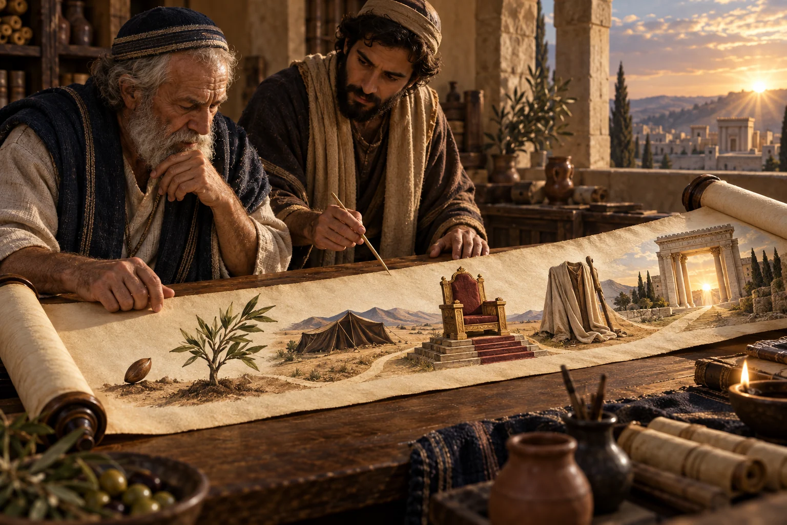 Two scribes study a continuous blank scroll bearing covenant symbols from seed and tent to throne, mantle, and temple.