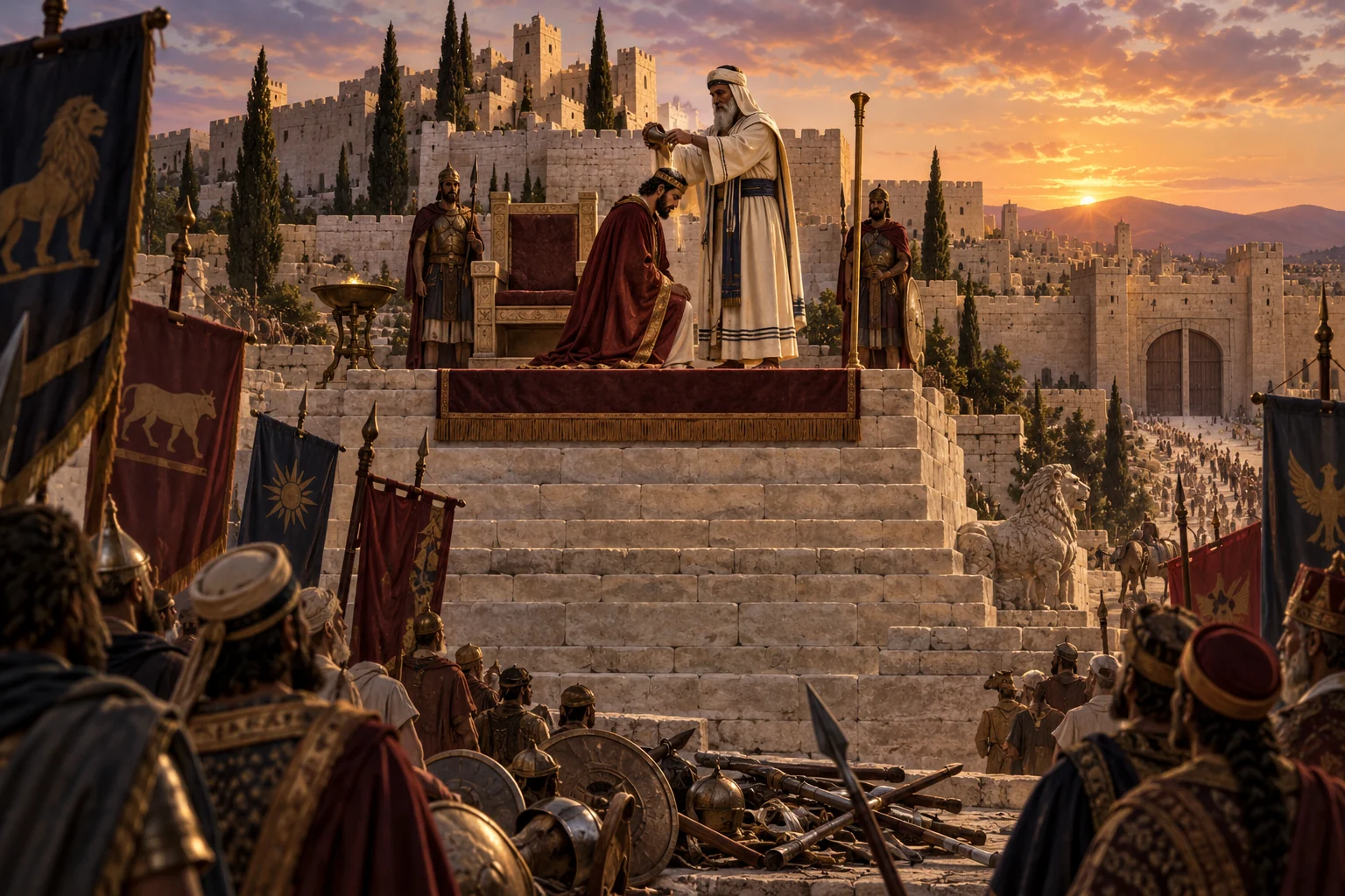 A priest anoints an Israelite king on Zion while restless delegations gather below abandoned weapons and distant city gates.
