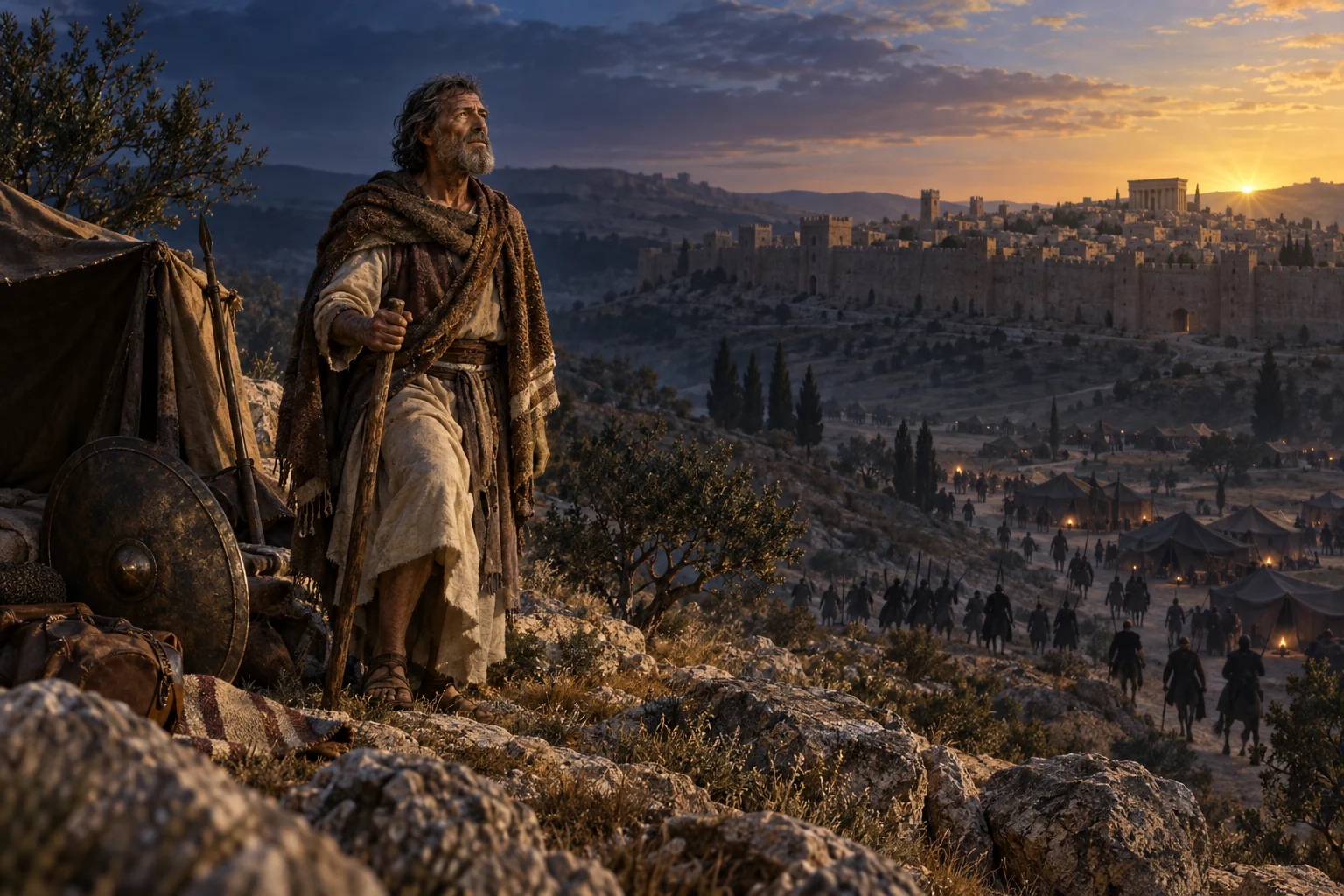 David rises beside a shield at dawn above distant encircling tents during his flight from Jerusalem.