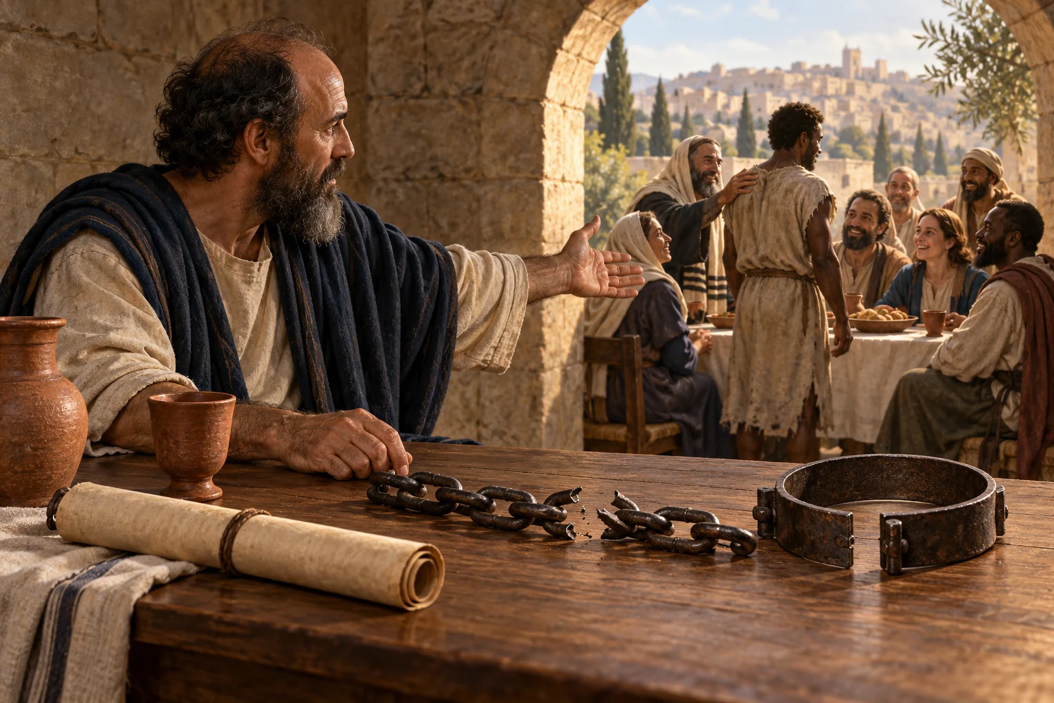 Paul gestures from a broken chain and open collar toward a mixed assembly welcoming a freed man to table fellowship.