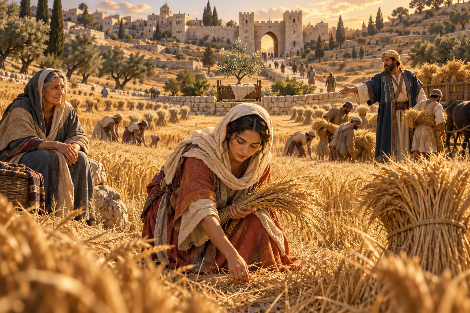 Ruth gleans barley between Naomi and Boaz as balanced harvest rows lead toward Bethlehem and a cradle beneath an olive tree.