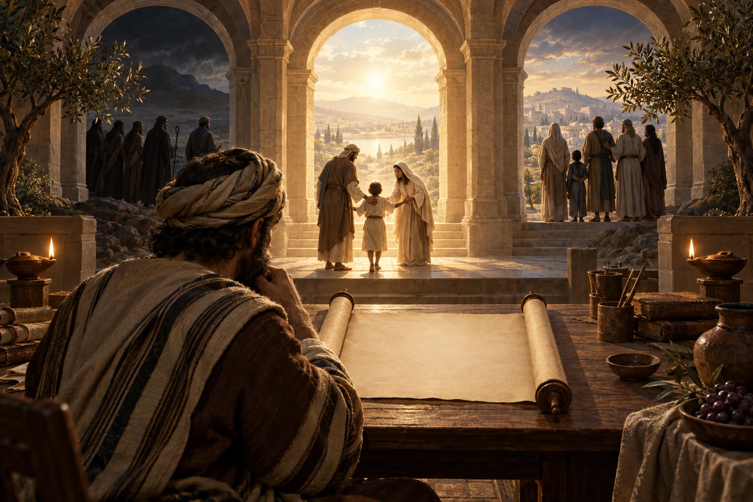 A Jewish scholar studies a blank scroll before balanced arches framing a family gathered in luminous welcome.