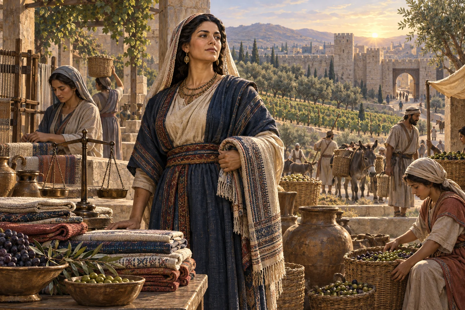 A strong ancient Israelite woman oversees woven goods, balanced scales, workers, vineyards, and an open city gate.