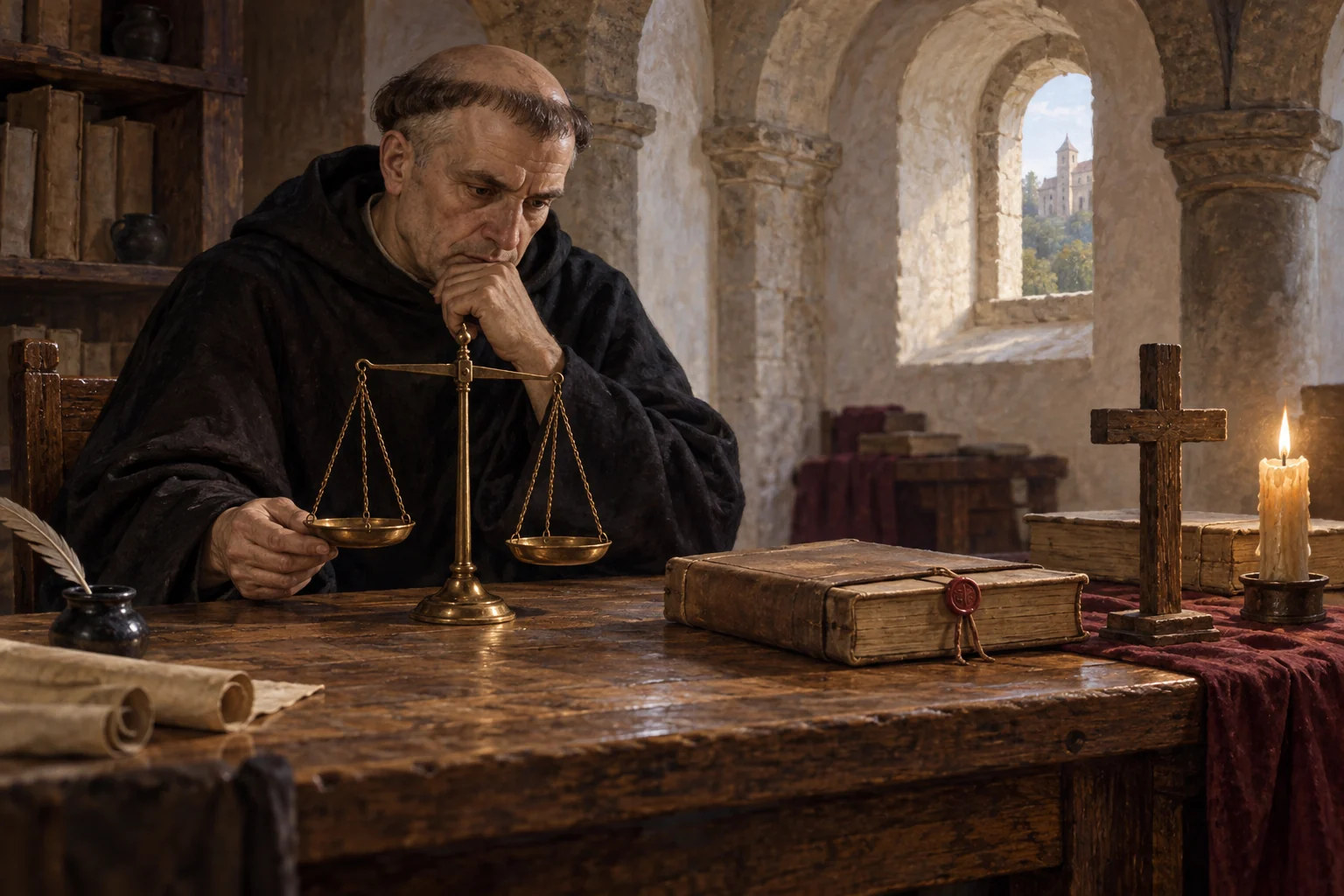 A Benedictine scholar studies a balance scale, sealed codex, and wooden cross in a Romanesque scriptorium.