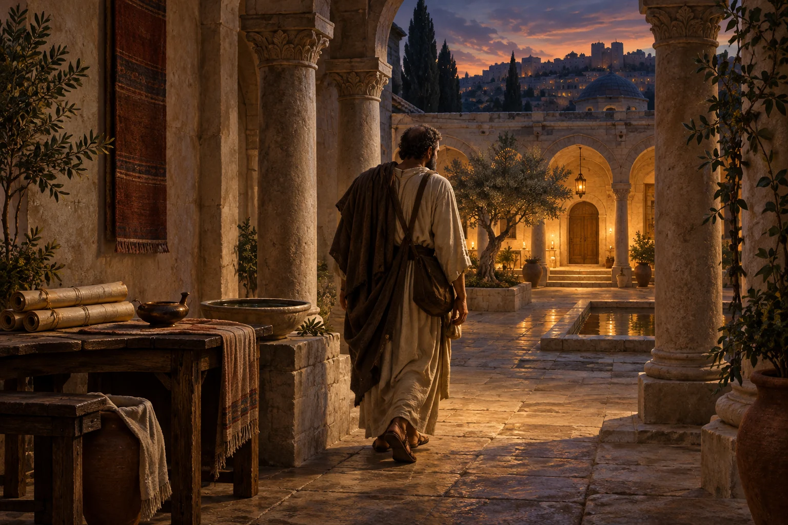 An ancient seeker walks through a stone colonnade toward a lamplit courtyard beside scrolls, a basin, and a quiet study table.