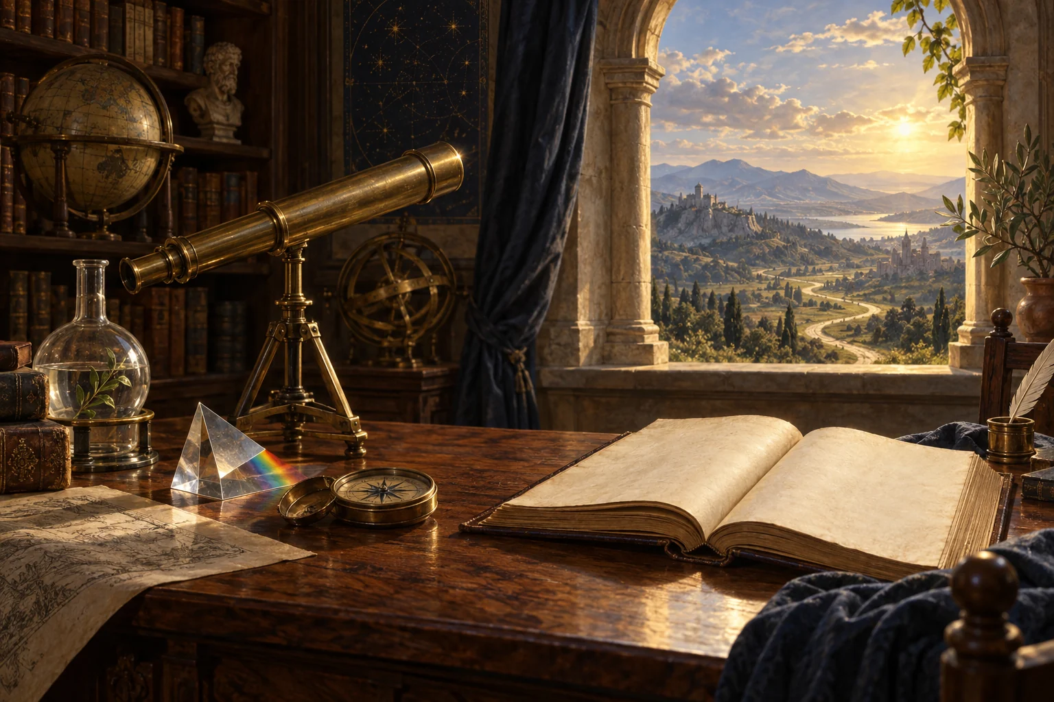 A brass telescope, prism, compass, glass vessel, and blank codex sit before an open window overlooking a winding sunlit landscape.