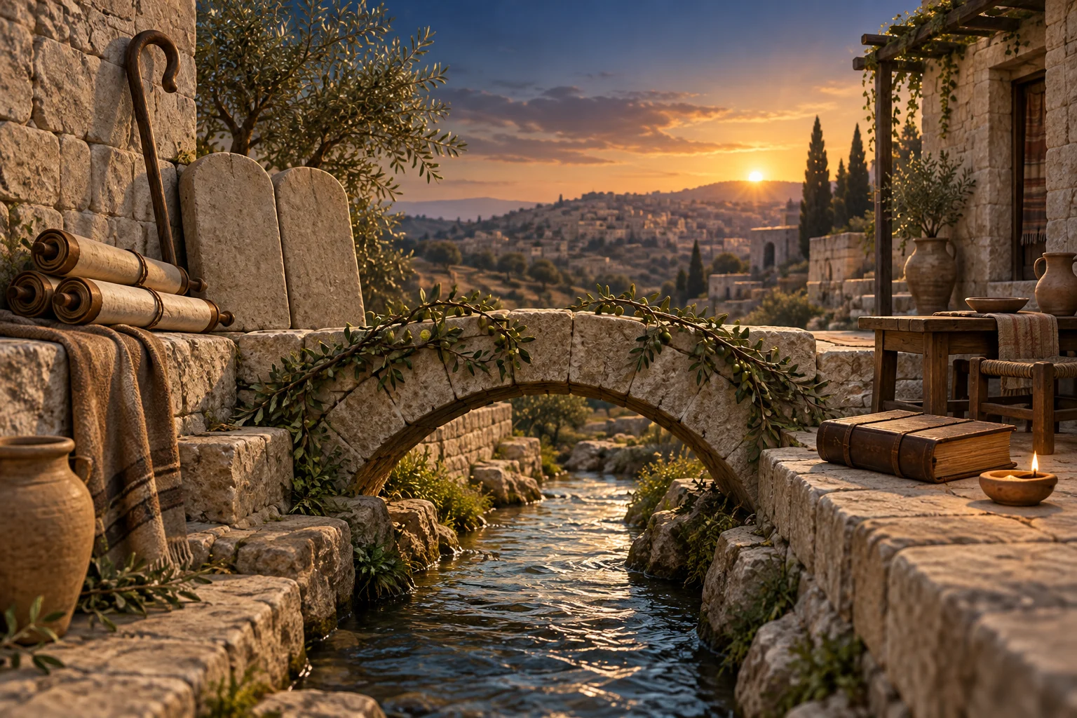 An olive-covered stone bridge joins closed scrolls and unmarked tablets to a codex and gathering table.