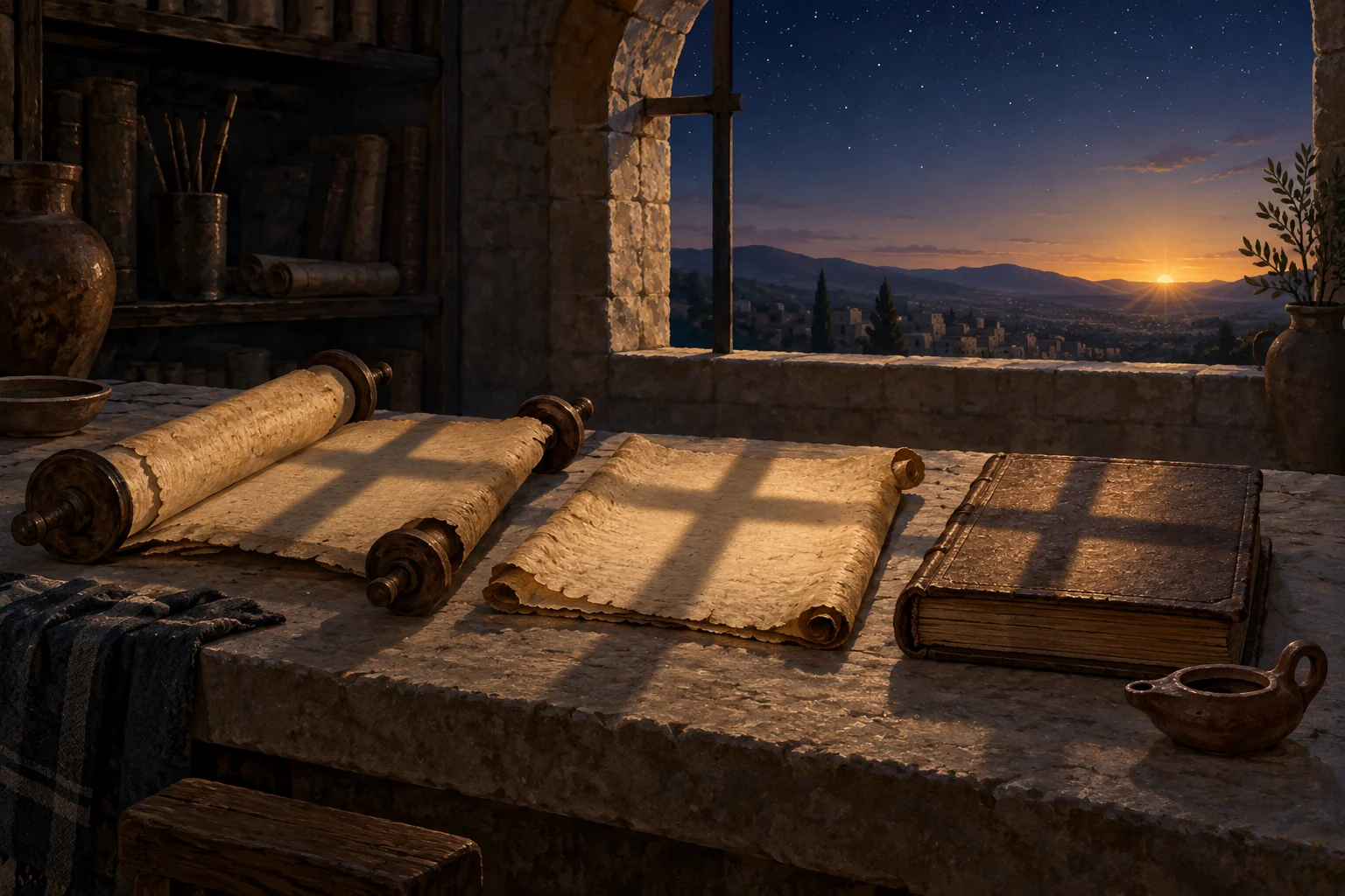 Ancient scrolls and a codex lie beneath a cross-shaped window shadow as dawn rises over distant hills.