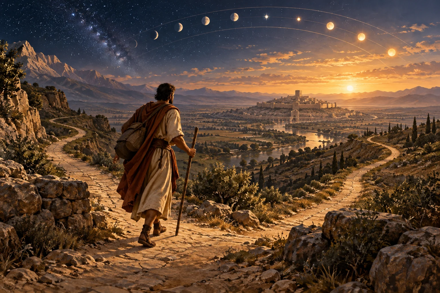 An ancient traveler chooses between two mountain paths that converge toward a distant city beneath an ordered dawn sky.