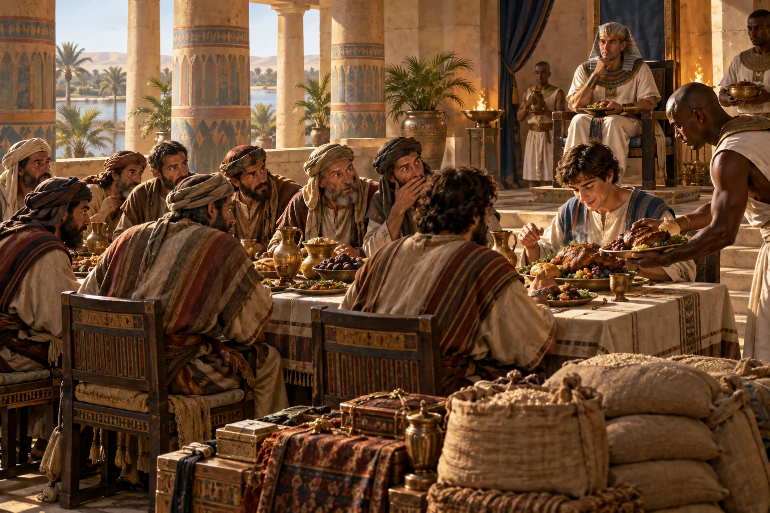 Joseph's brothers sit in age order at an Egyptian banquet while Benjamin receives a generous serving and Joseph watches.