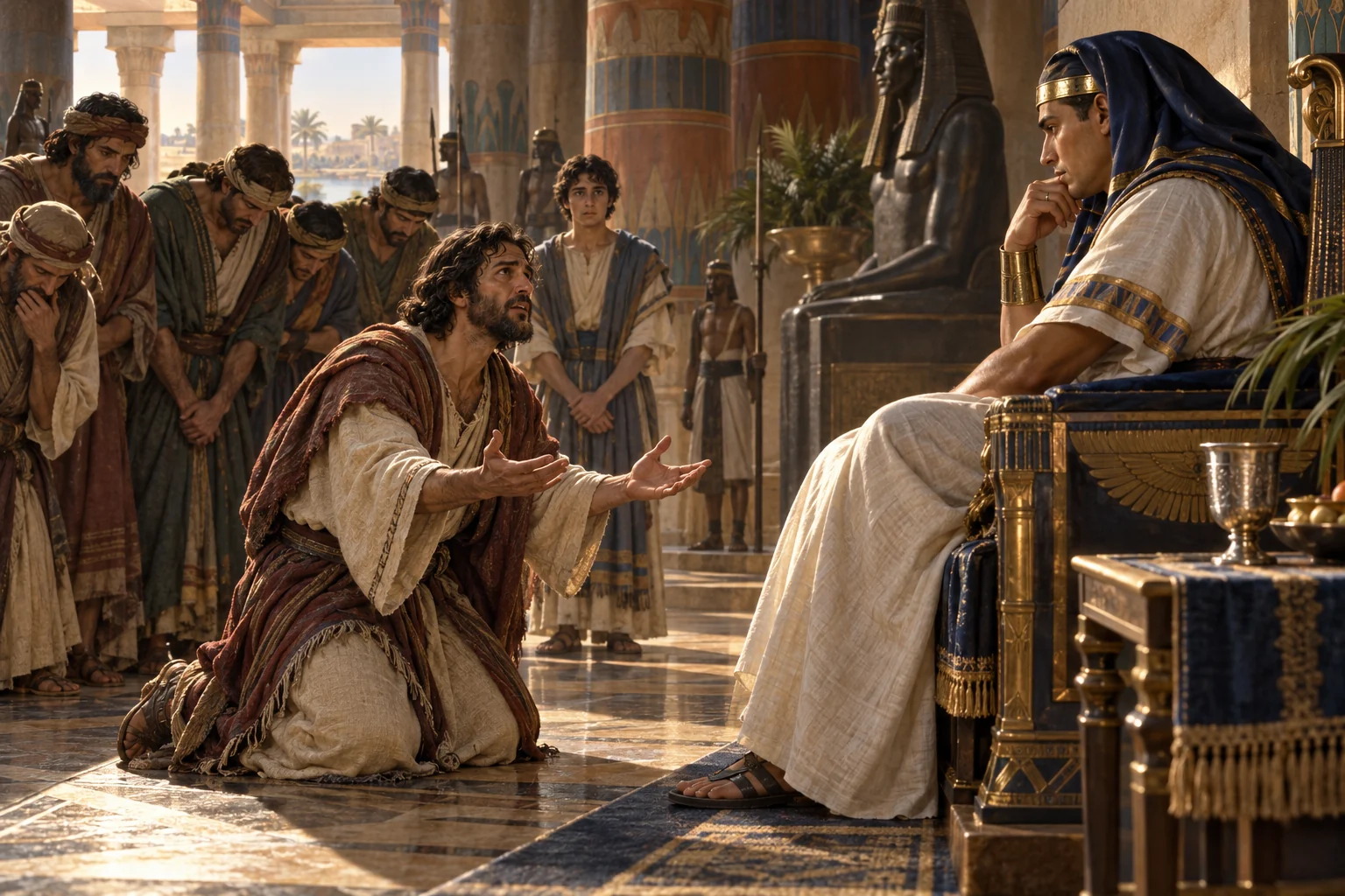 Judah kneels with open hands before Joseph in an Egyptian audience chamber while Benjamin and his brothers stand behind.