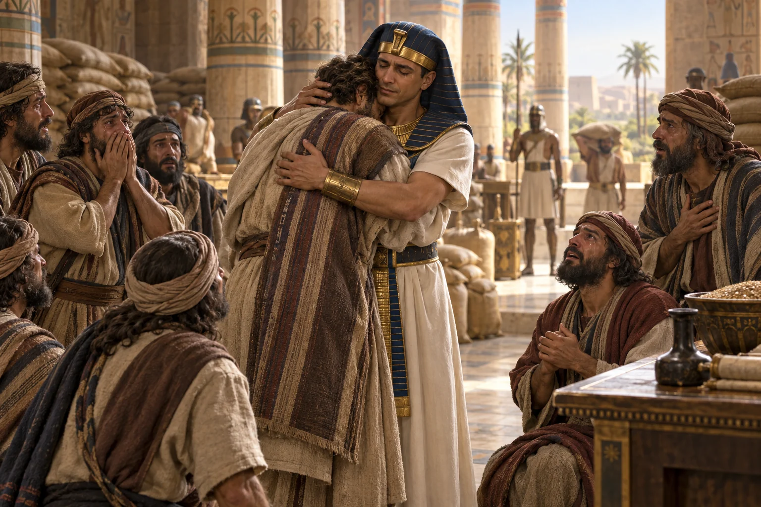 Joseph embraces a brother in an Egyptian chamber while the others respond with astonishment, grief, and relief.