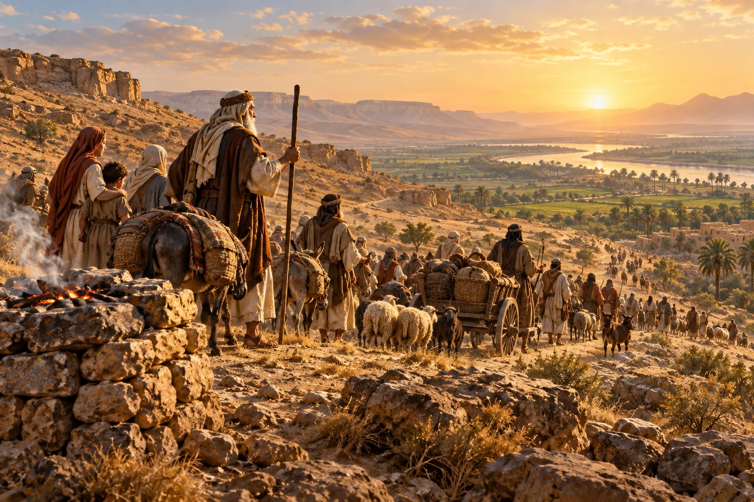 Jacob’s household travels in a broad caravan from a stone altar toward the distant green Nile valley at dawn.