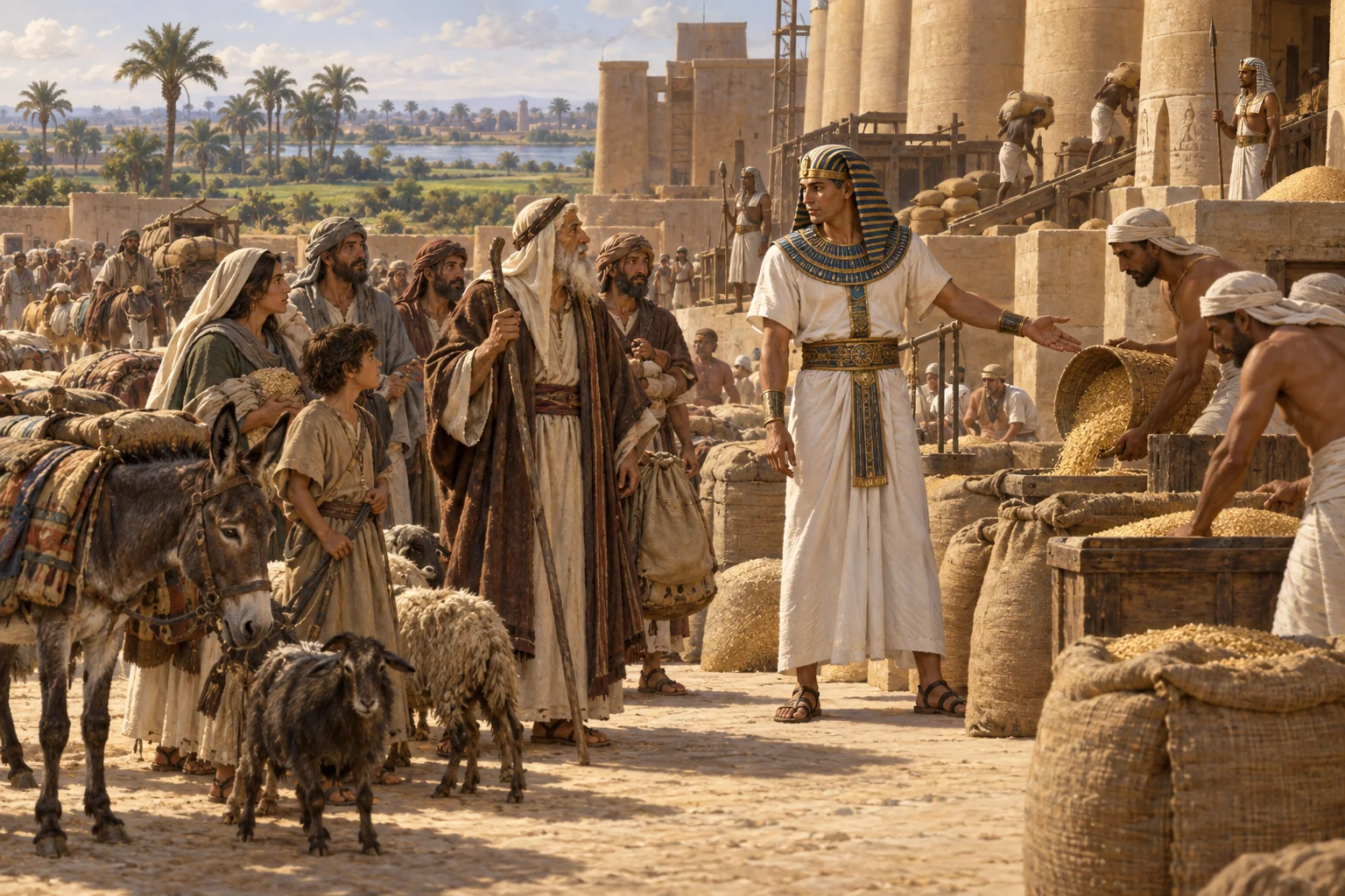Joseph directs grain distribution as Jacob’s household arrives with animals at an Egyptian granary near the Nile.