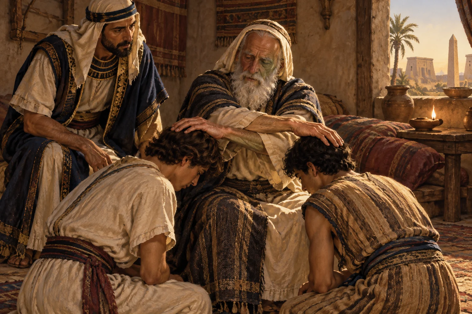 Aged Jacob crosses his hands to bless Ephraim and Manasseh while Joseph watches in a modest Egyptian room.