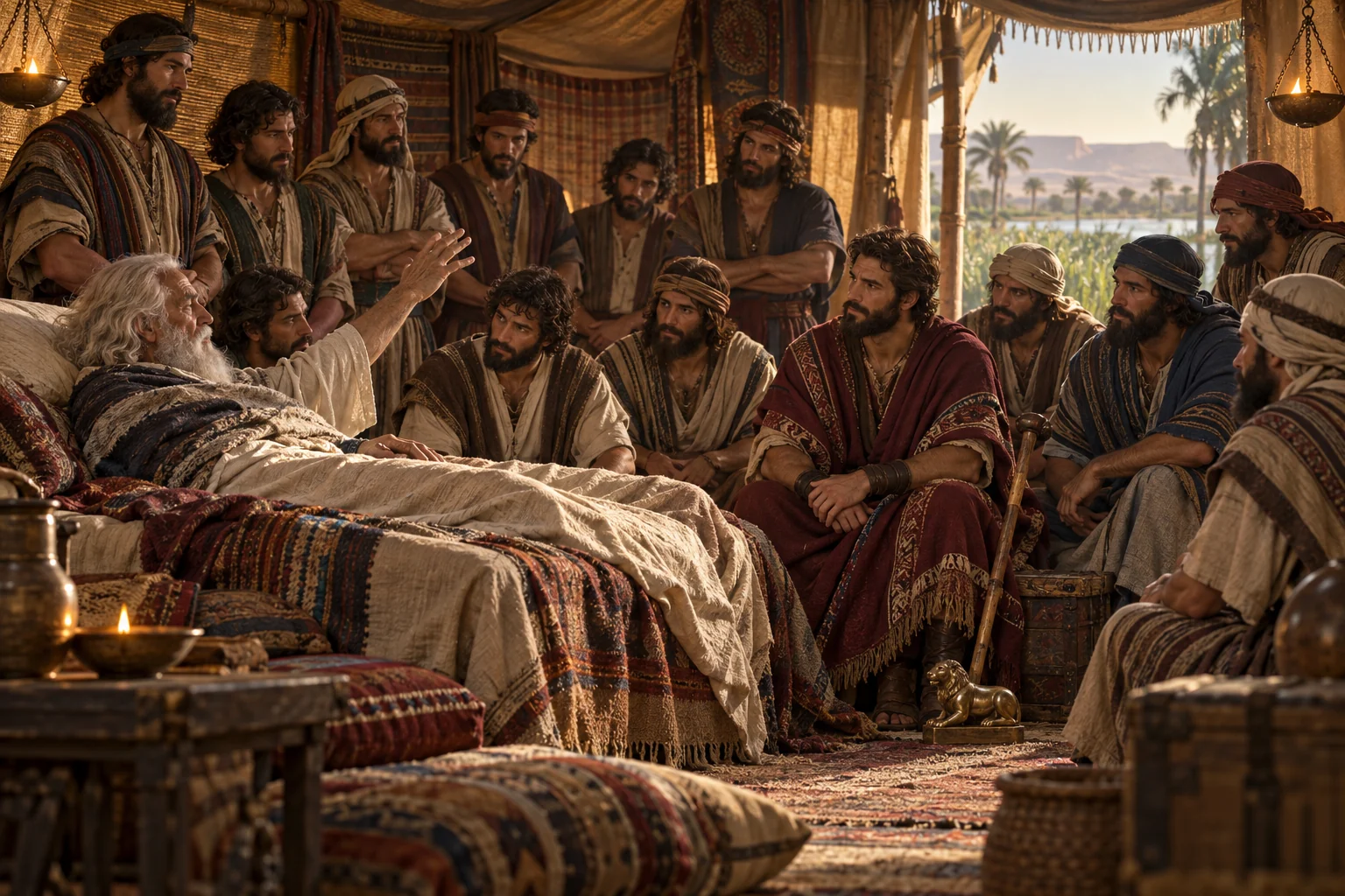 Aged Jacob raises his hand in blessing as his twelve sons gather around his bed in an Egyptian tent.