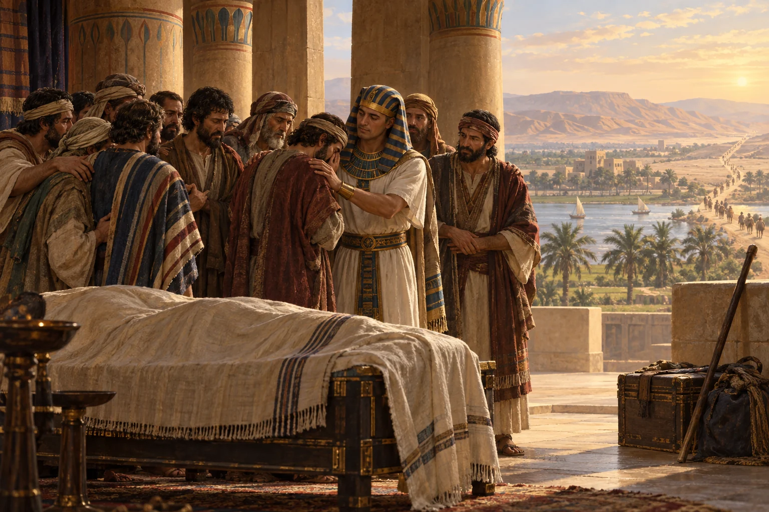 Joseph reassures his brothers beside Jacob’s covered bier as a road leads from Egypt toward Canaan.
