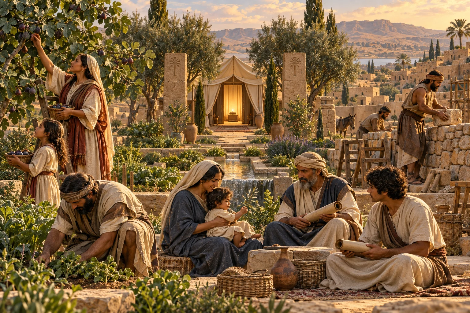 Ancient families cultivate a temple-garden, care for children, study scrolls, and build together around a softly lit tent.
