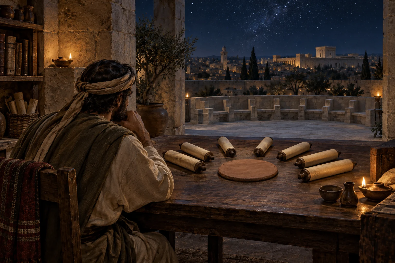 A scribe studies closed scrolls arranged like an ordered council before empty stone seats under the night sky.