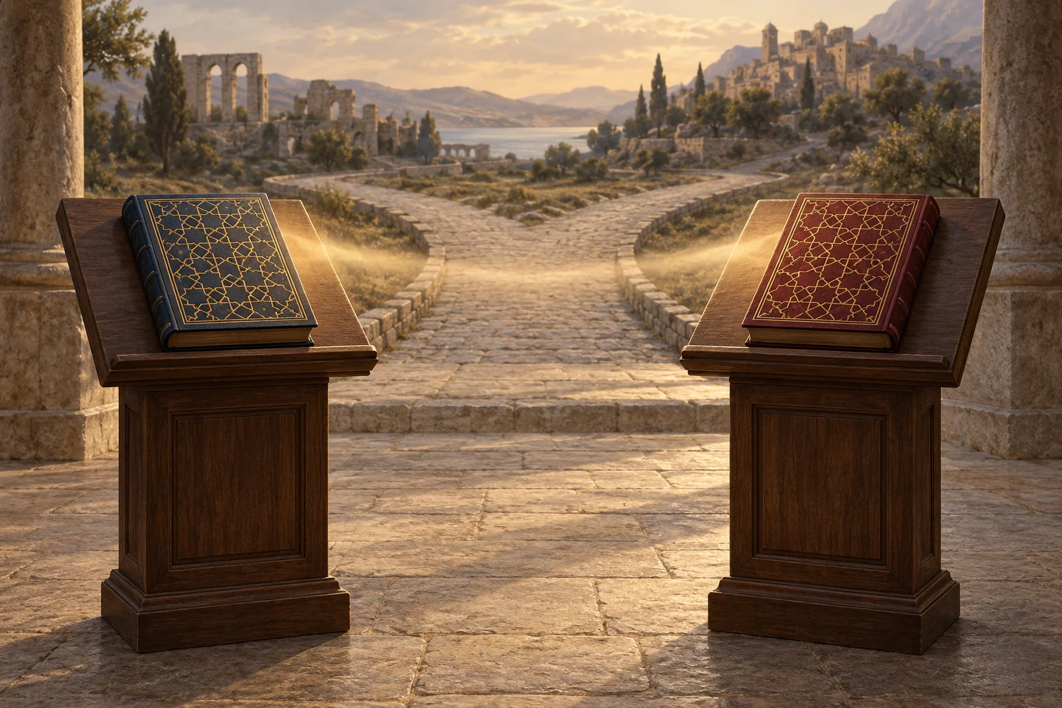 Two closed geometric-patterned codices rest on separate lecterns before a forked road in a late-antique landscape.