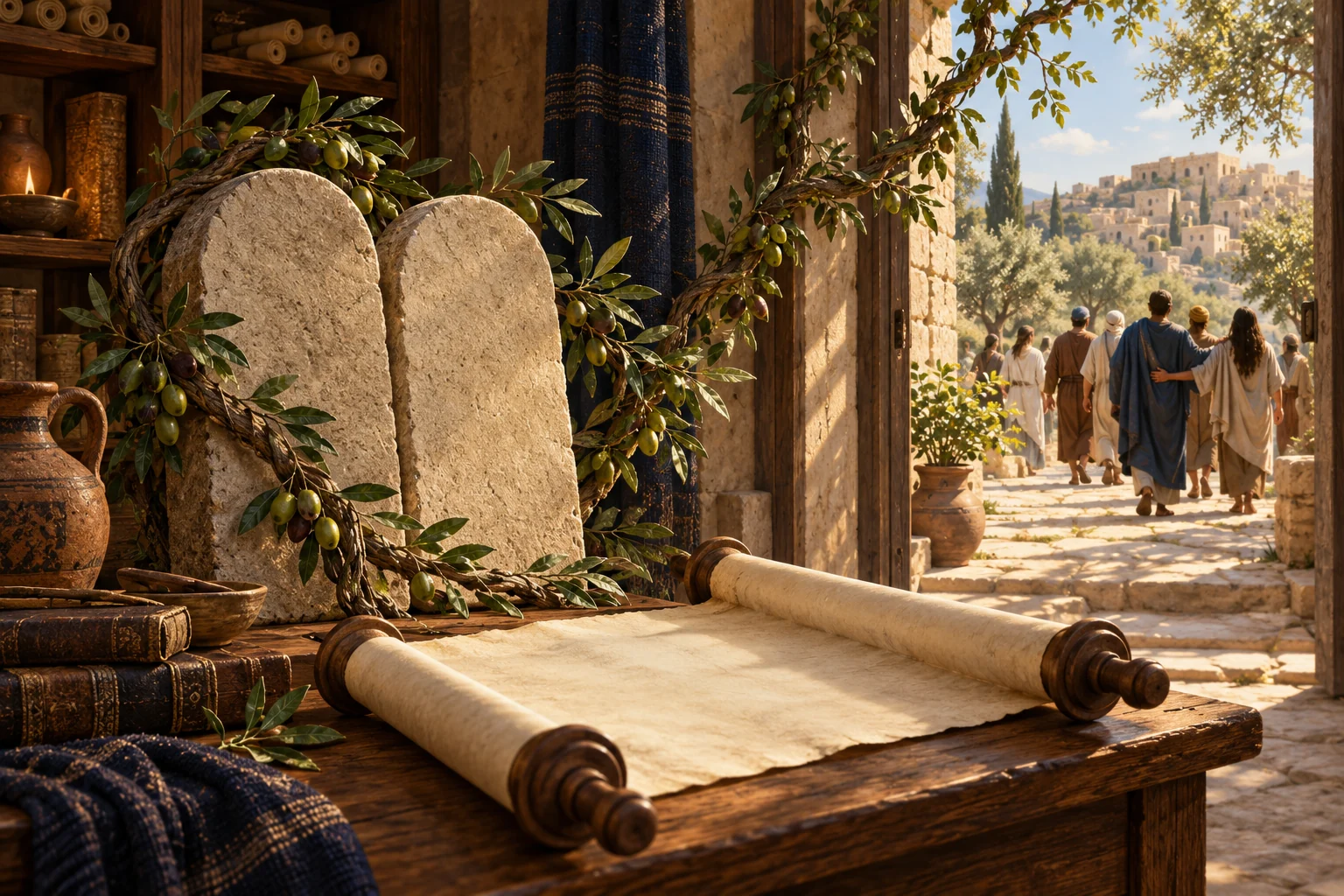 An olive vine winds around intact stone tablets and a blank scroll beside an open doorway into a sunlit courtyard.