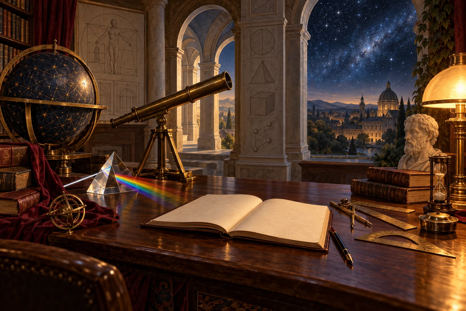 A brass telescope, prism, globe, and blank notebook rest in a lamplit scholarly study beneath a star-filled sky.