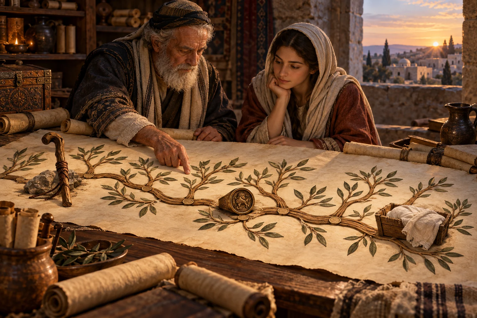 An elder and young woman examine a branching olive lineage beside a staff, royal seal, and cradle cloth.