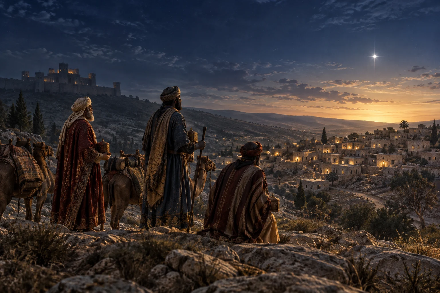 Eastern travelers carrying gifts look toward Bethlehem beneath a bright star, with a distant fortress in shadow.