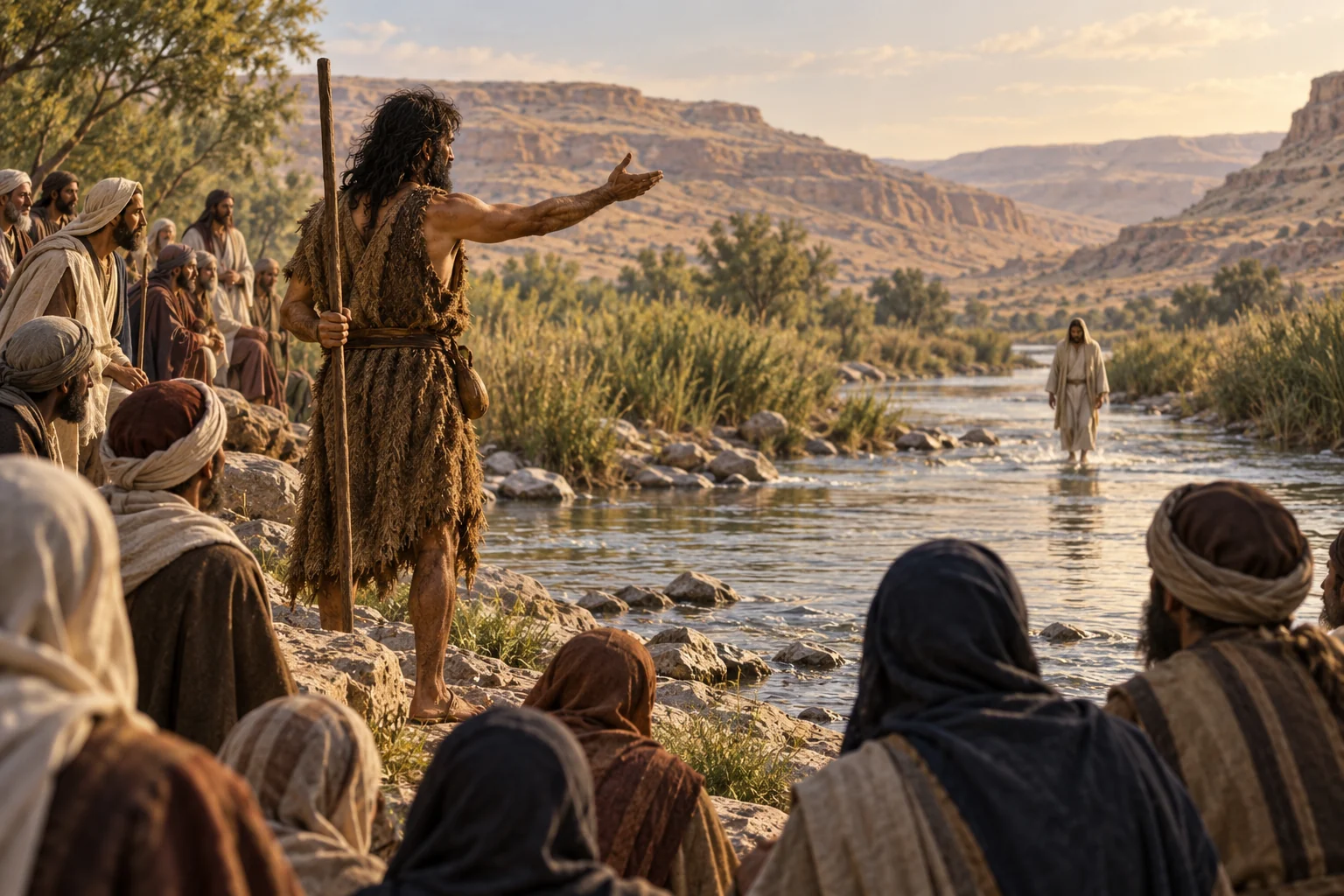 John the Baptist proclaims beside the Jordan as a robed figure approaches through the water.