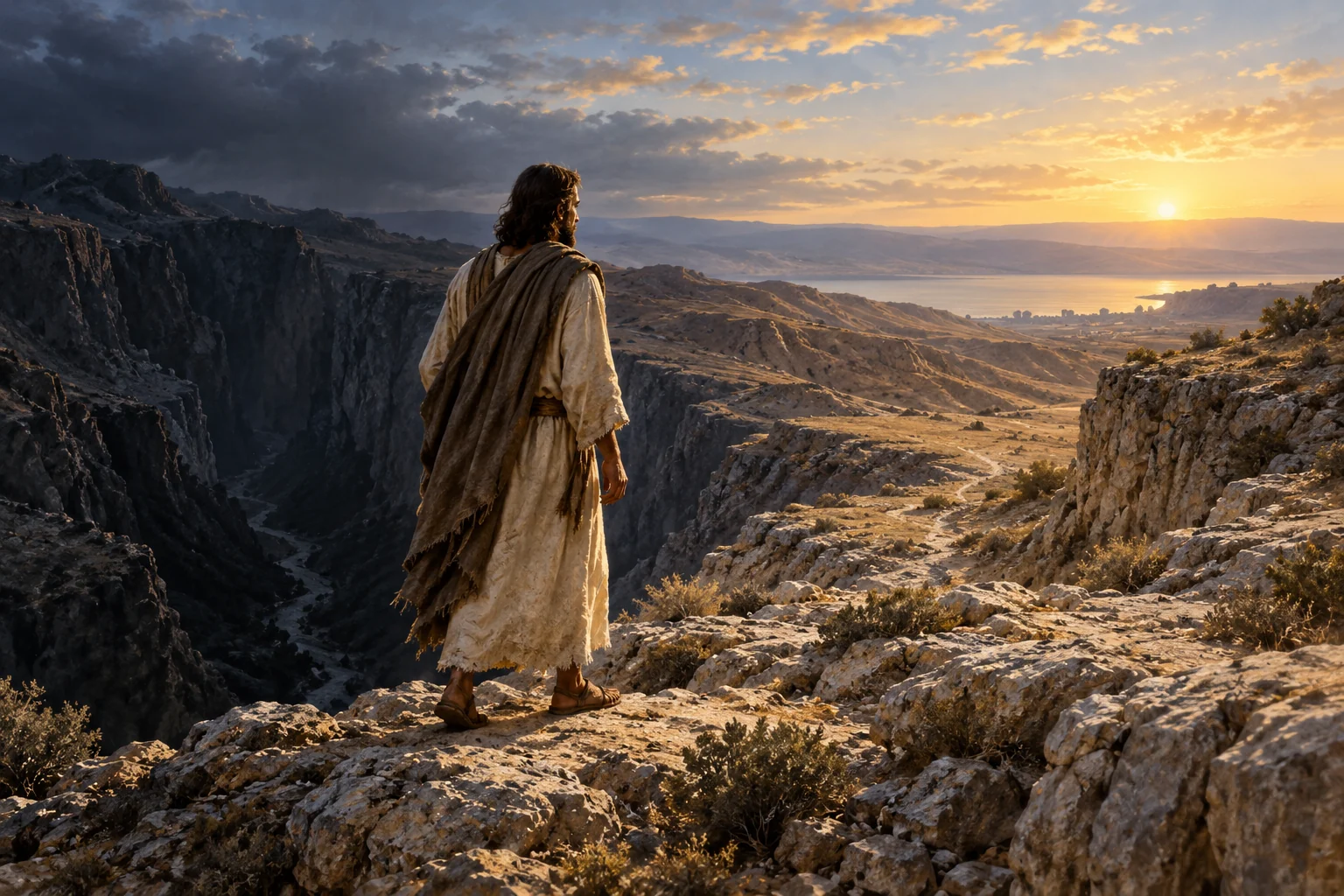 A solitary robed man stands between a shadowed wilderness ravine and a sunlit path.