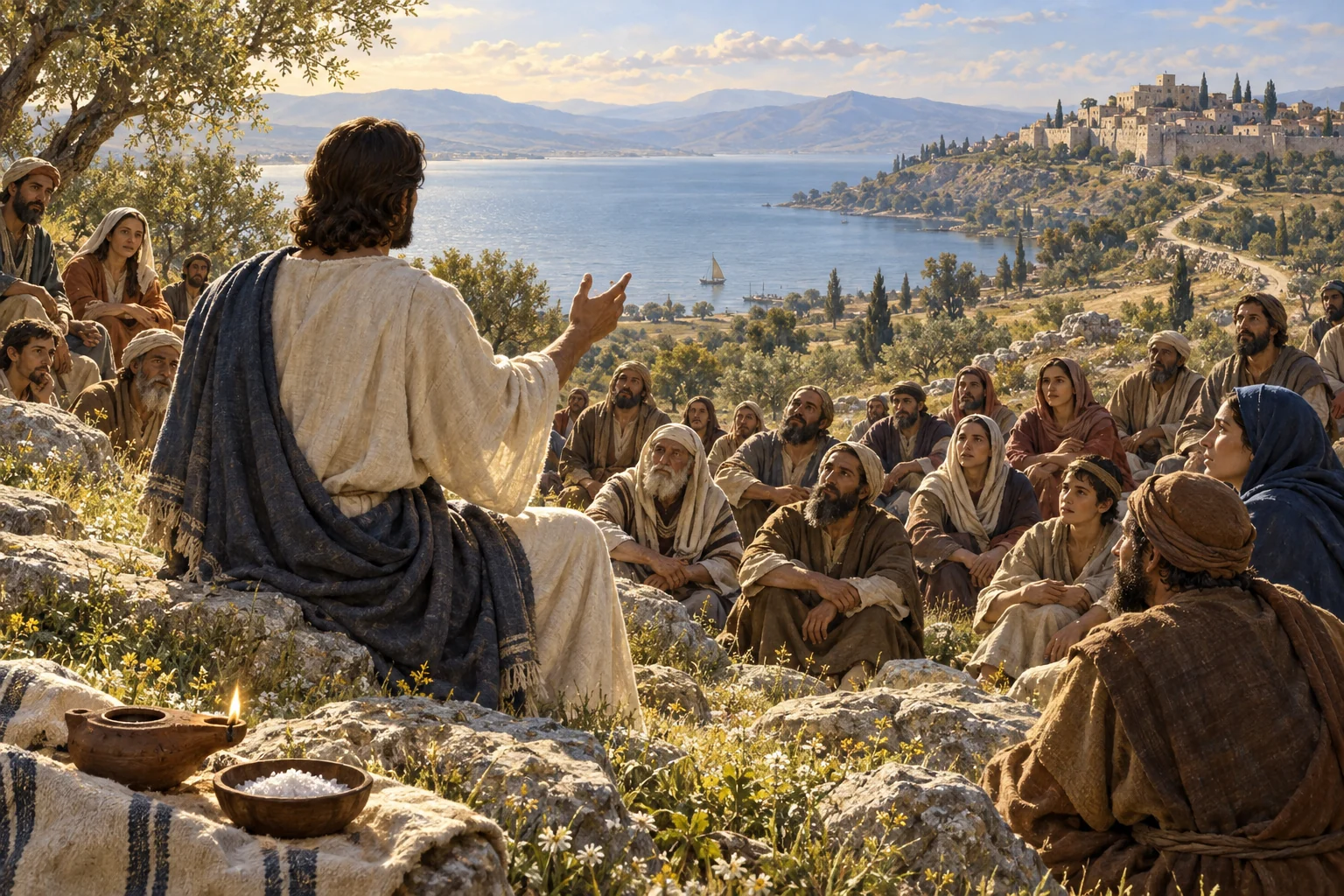 A teacher addresses listeners on a Galilean hillside, with an oil lamp, salt bowl, lake, and hilltop town nearby.