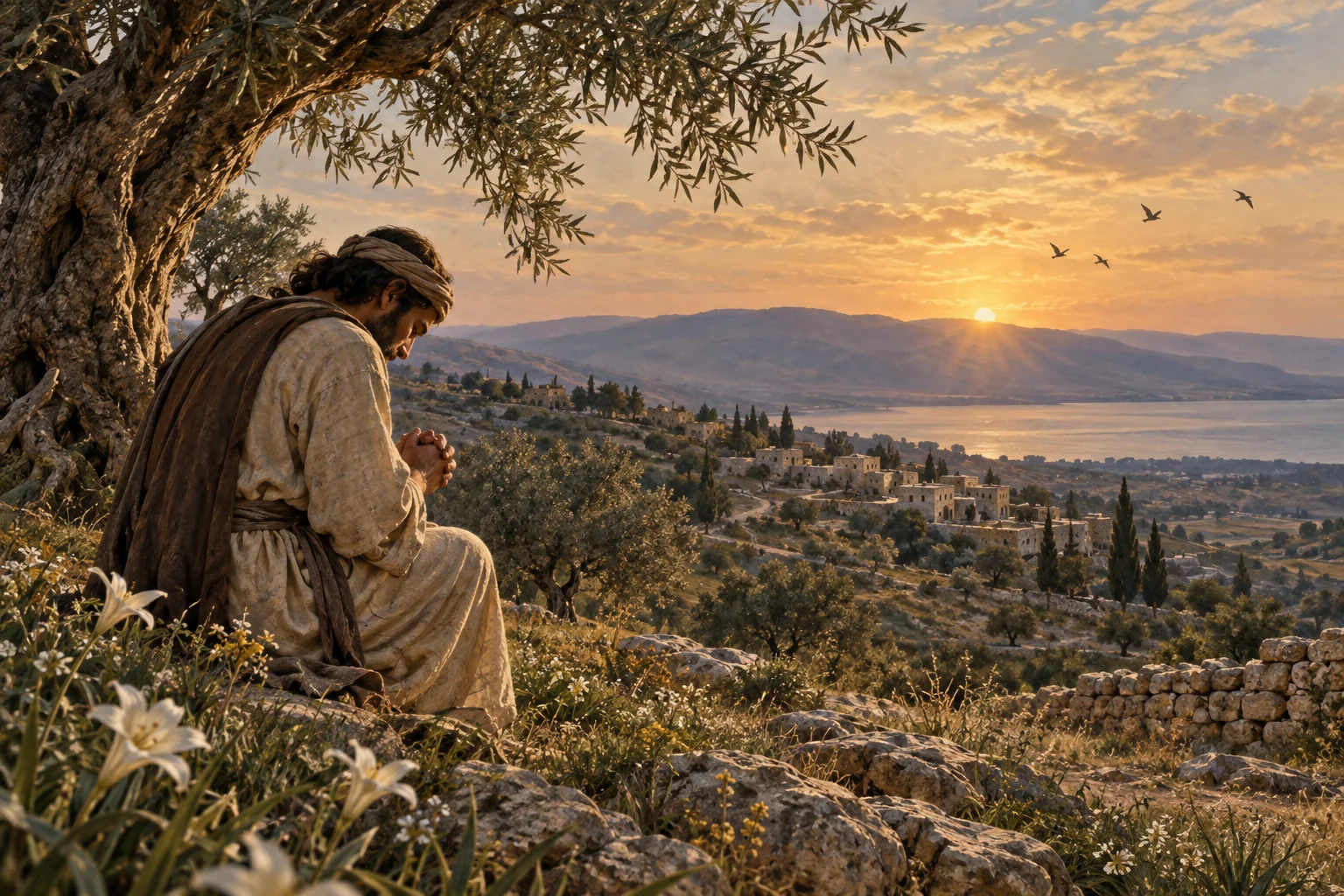 A Jewish disciple prays beneath an olive tree at dawn above a Galilean village, with lilies and birds nearby.