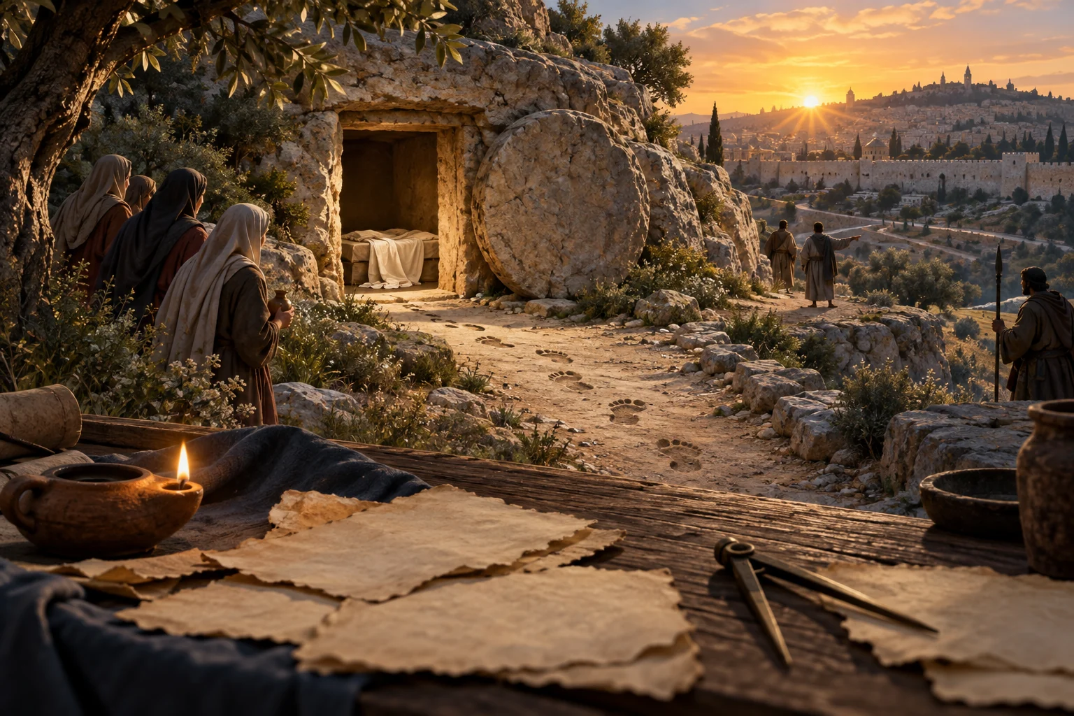 An open rock-cut tomb at dawn is approached by witnesses, with parchments and measuring tools in the foreground.