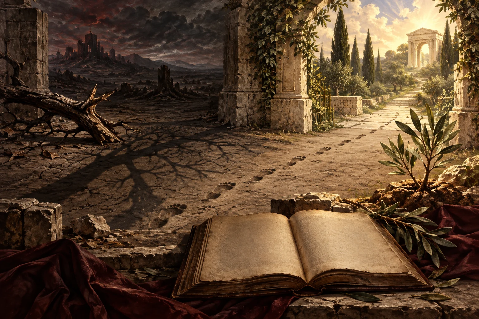 Footprints cross cracked ground from a ruined landscape toward an olive shoot and sunlit sanctuary path beside an open blank codex.