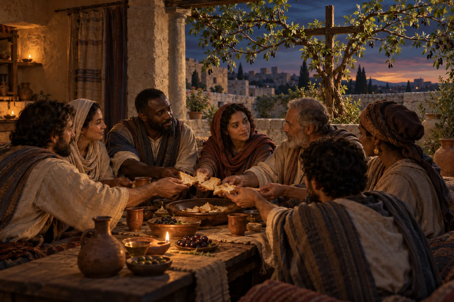 A diverse house-church community shares bread beneath an olive vine trained around a wooden cross-shaped support.