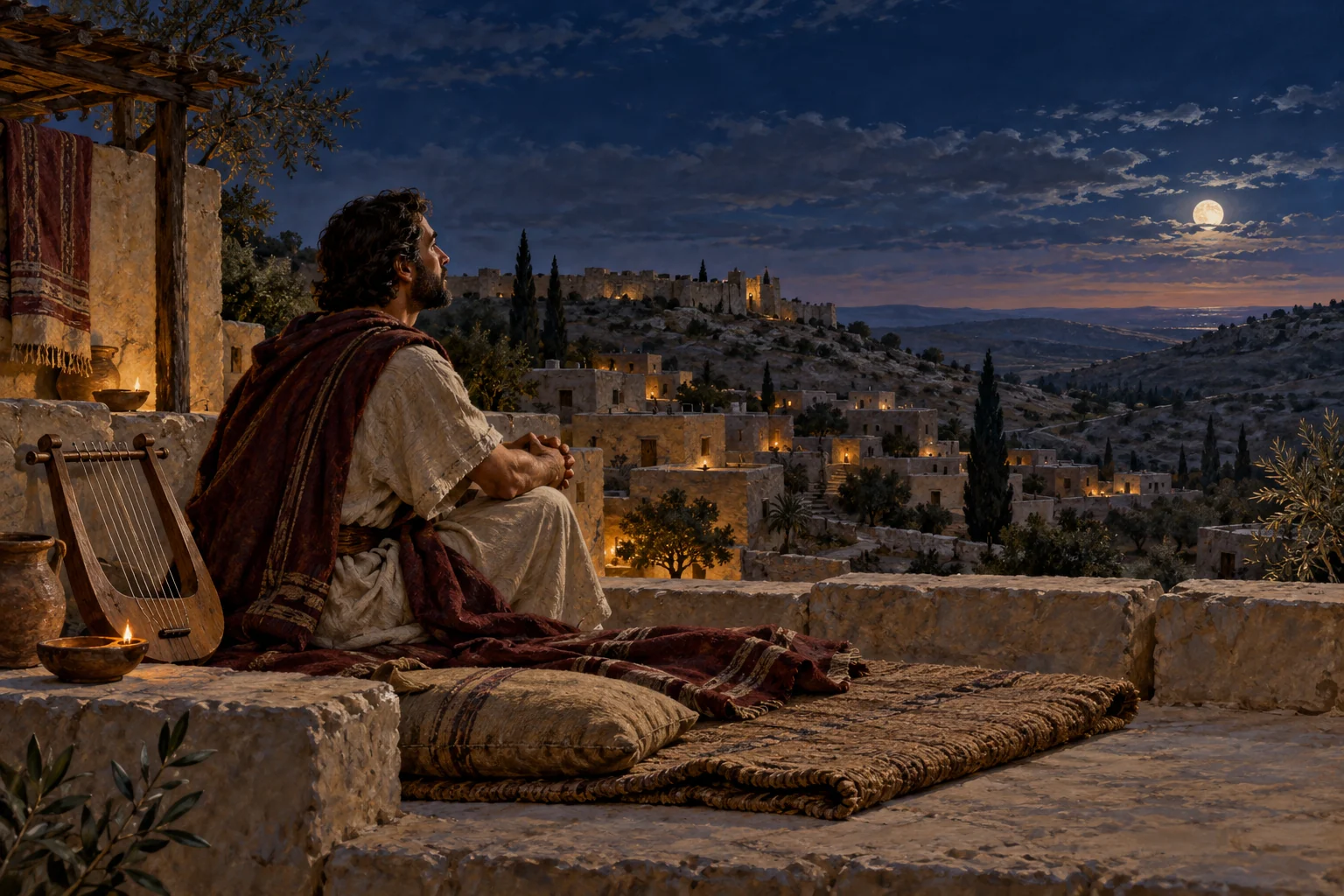 A Davidic-era man prays on a Jerusalem rooftop beside a lyre and sleeping mat under the moon.