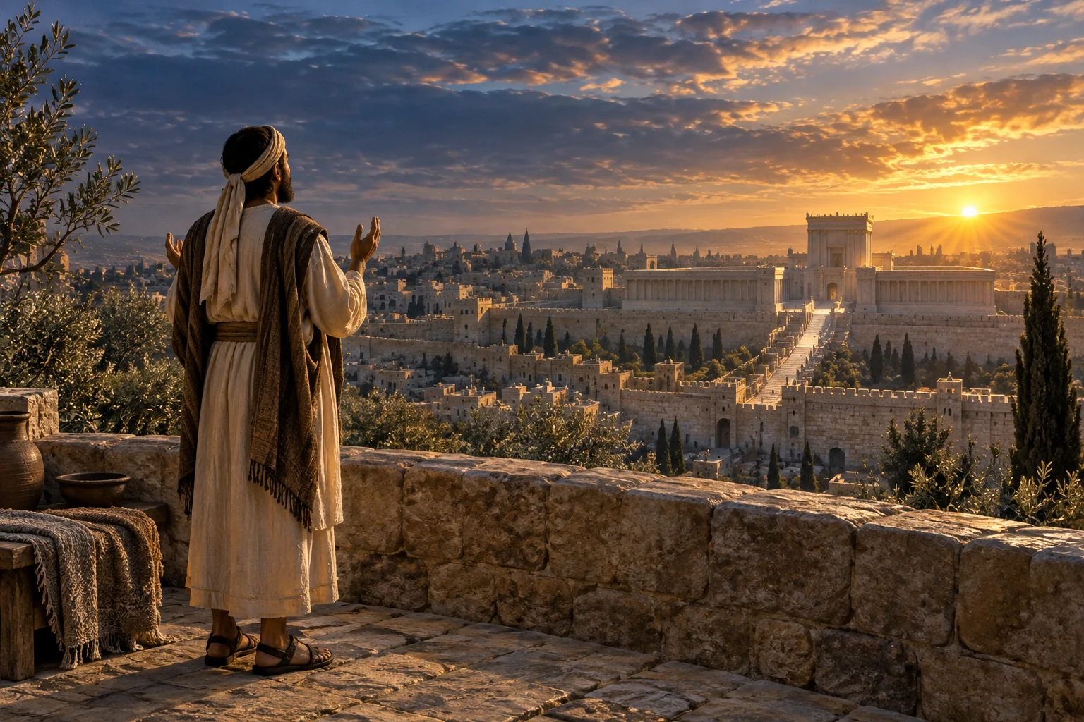 A worshiper prays at dawn overlooking ancient Jerusalem and the temple.