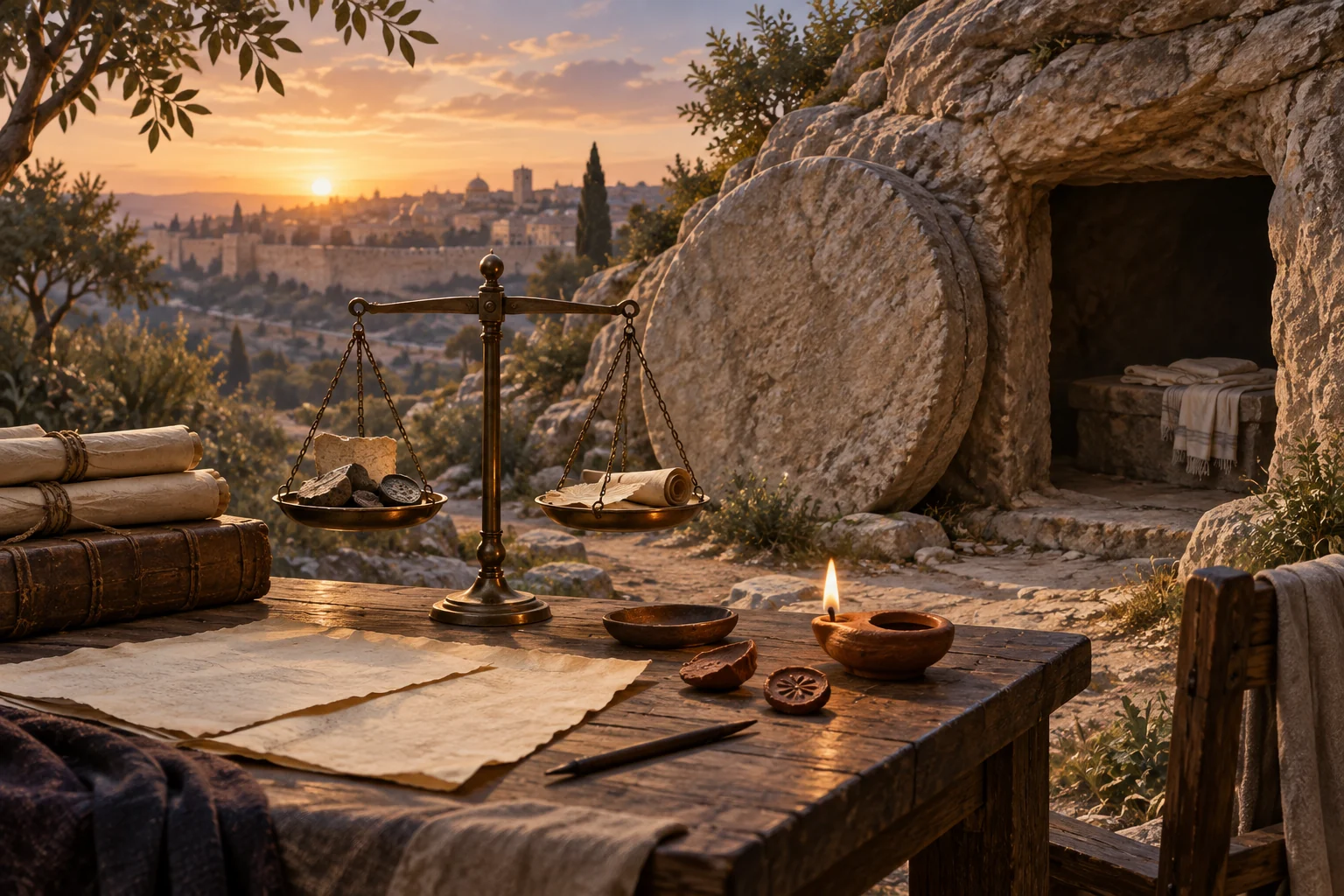 An open stone tomb at dawn beside a historian’s table with parchments, lamp, seals, and balance scale.