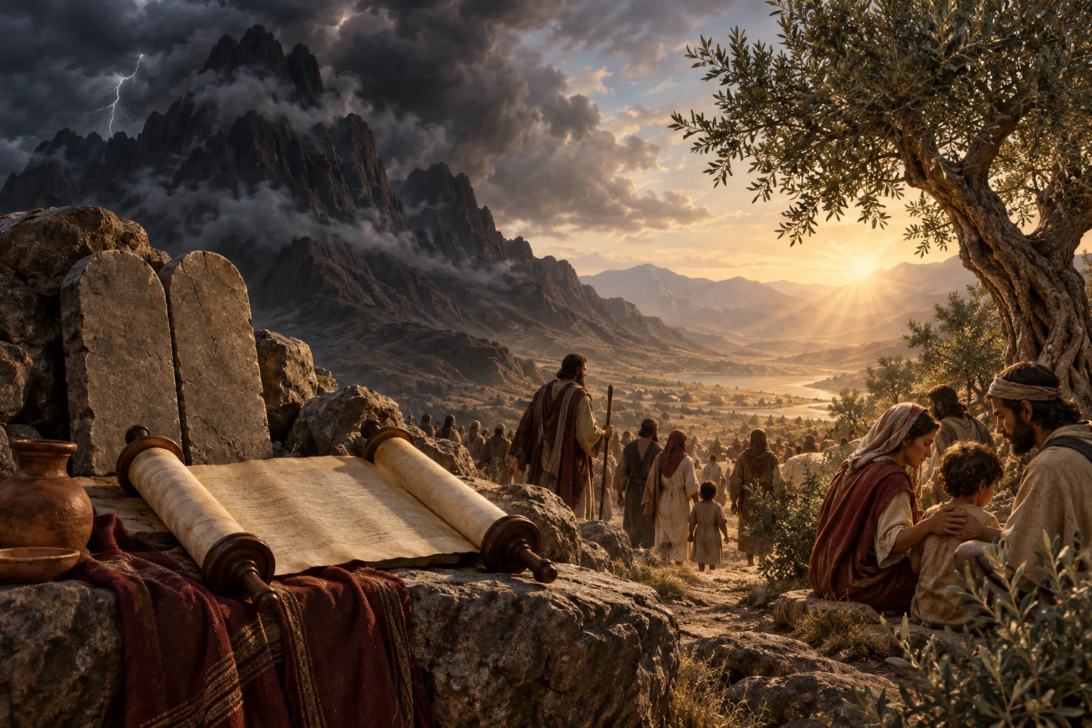 Stone tablets and a Torah scroll at Sinai face a dawn-lit community and olive tree