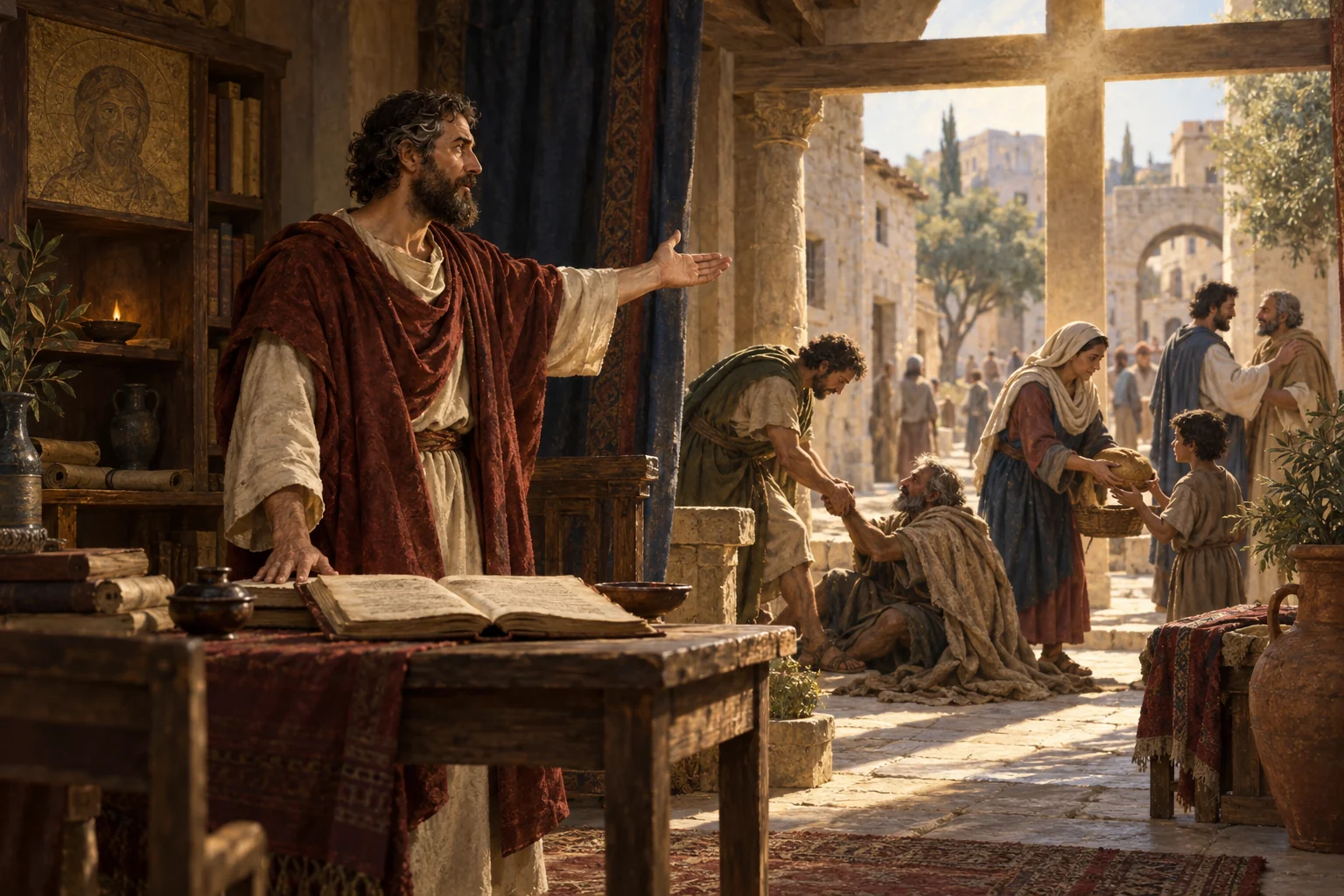 An early Christian teacher connects an open codex with neighbors practicing mercy and reconciliation