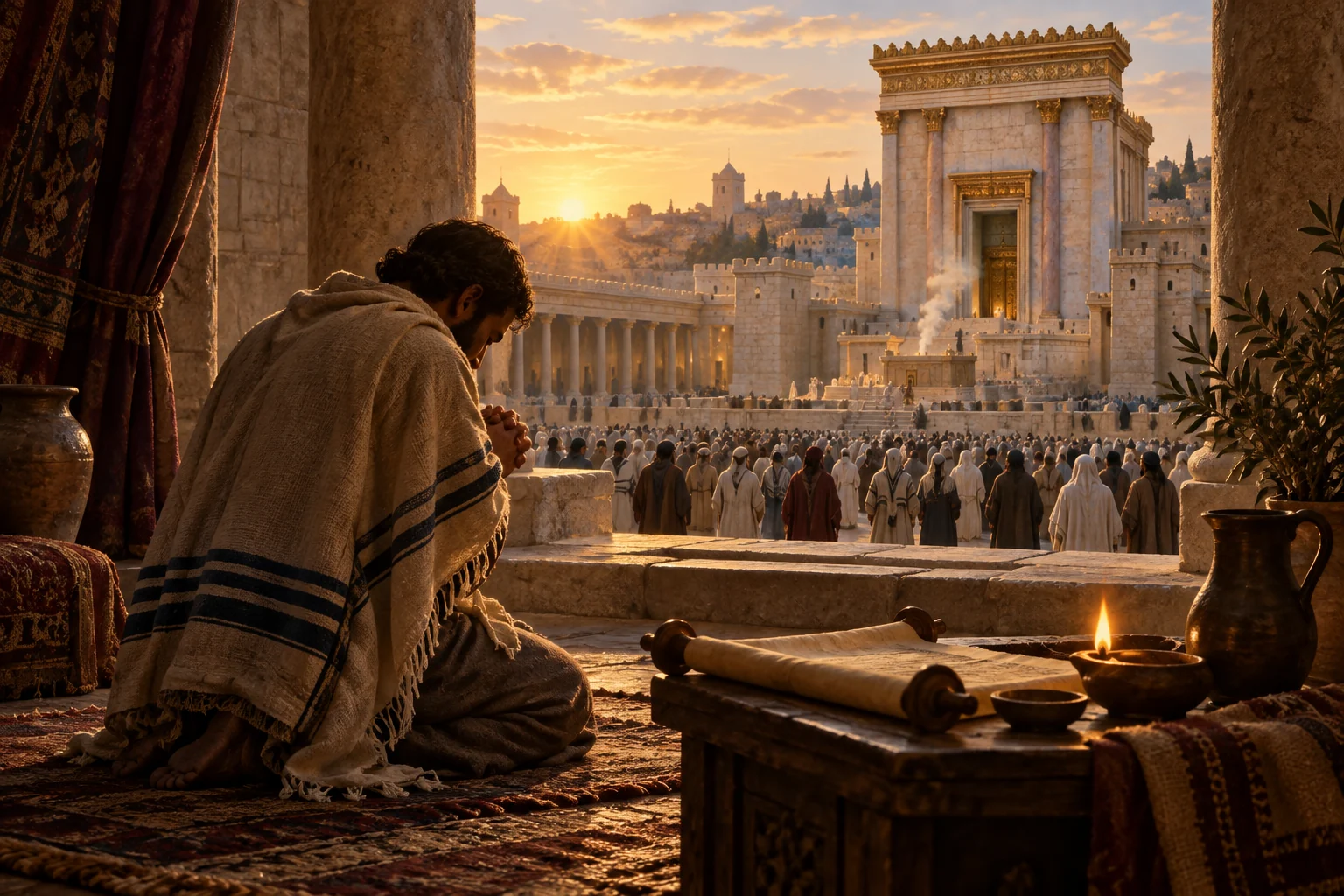 A worshiper prays beside a scroll and oil lamp overlooking the Jerusalem temple and gathered community