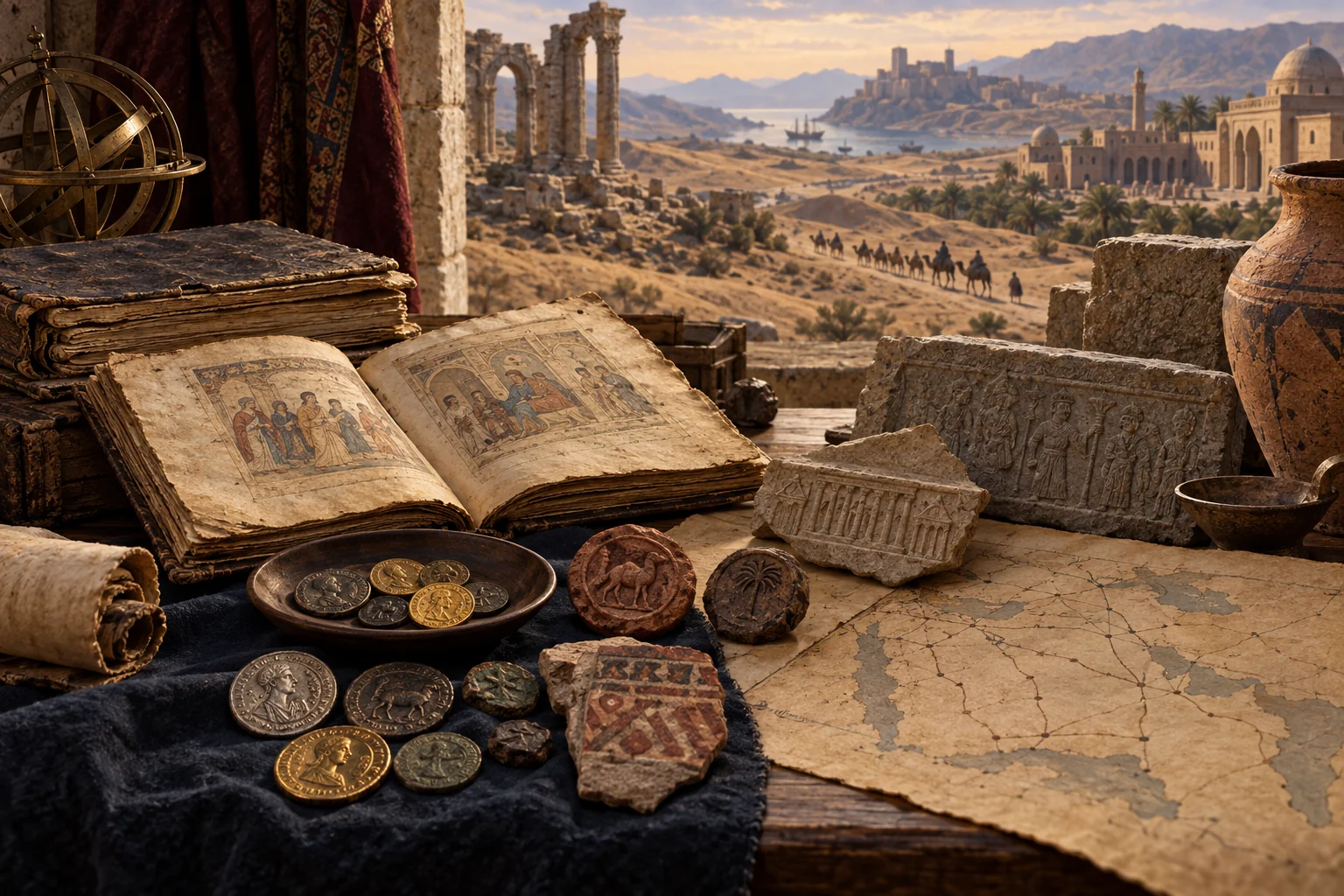 Late-antique manuscripts, coins, seals, fragments, and an unlabeled route map overlook an Arabian trade landscape
