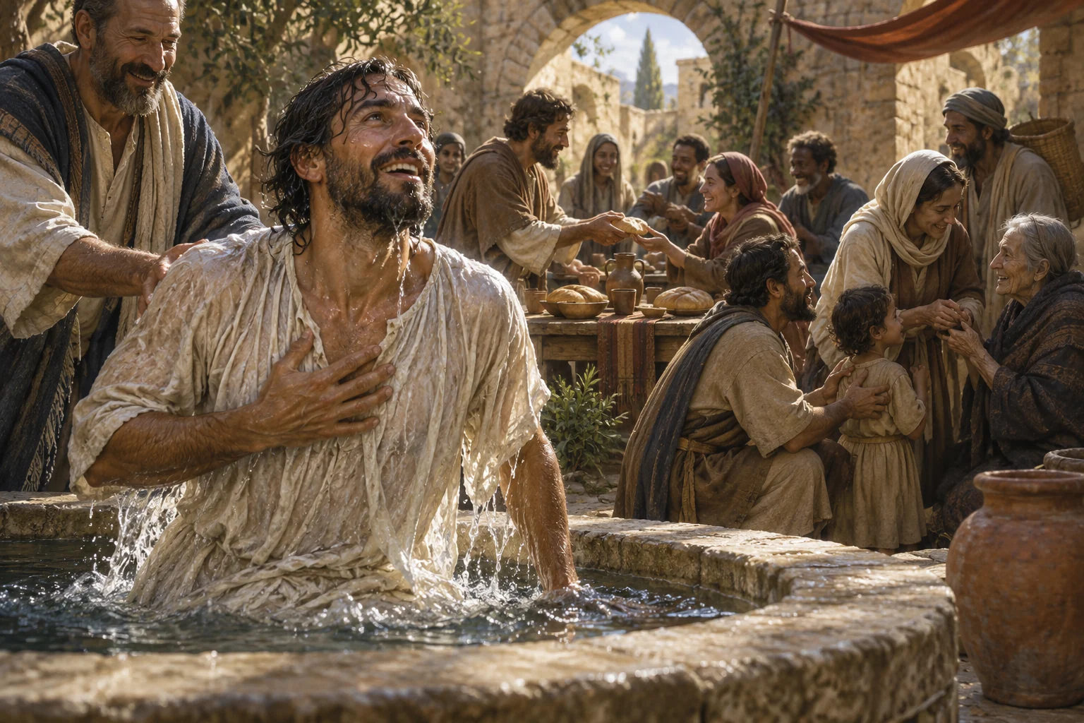 A newly baptized believer joins an early Christian community sharing bread and caring for neighbors